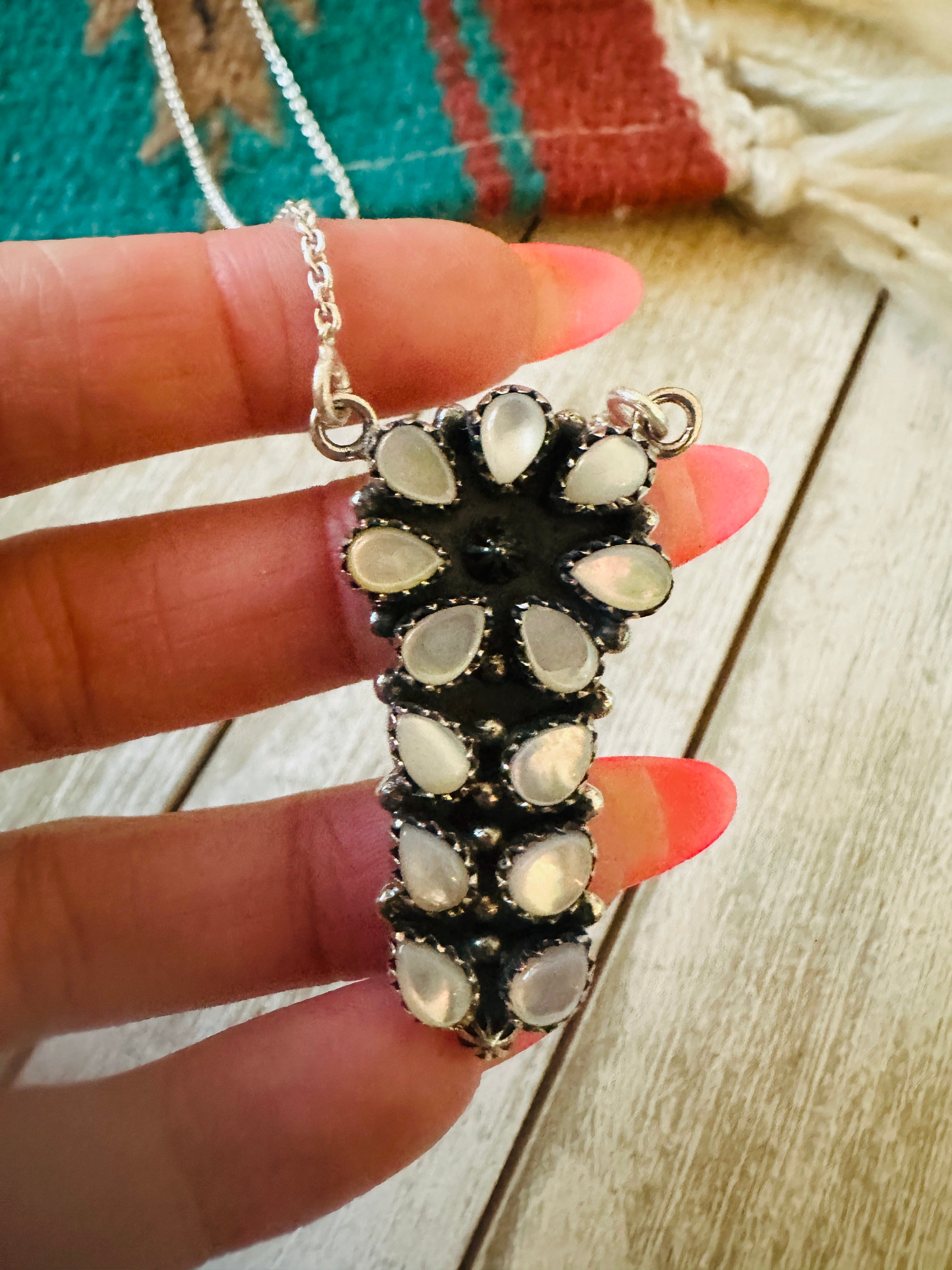 ** Christmas Collection ** Handmade Sterling Silver & Mother of Pearl Necklace Signed Nizhoni