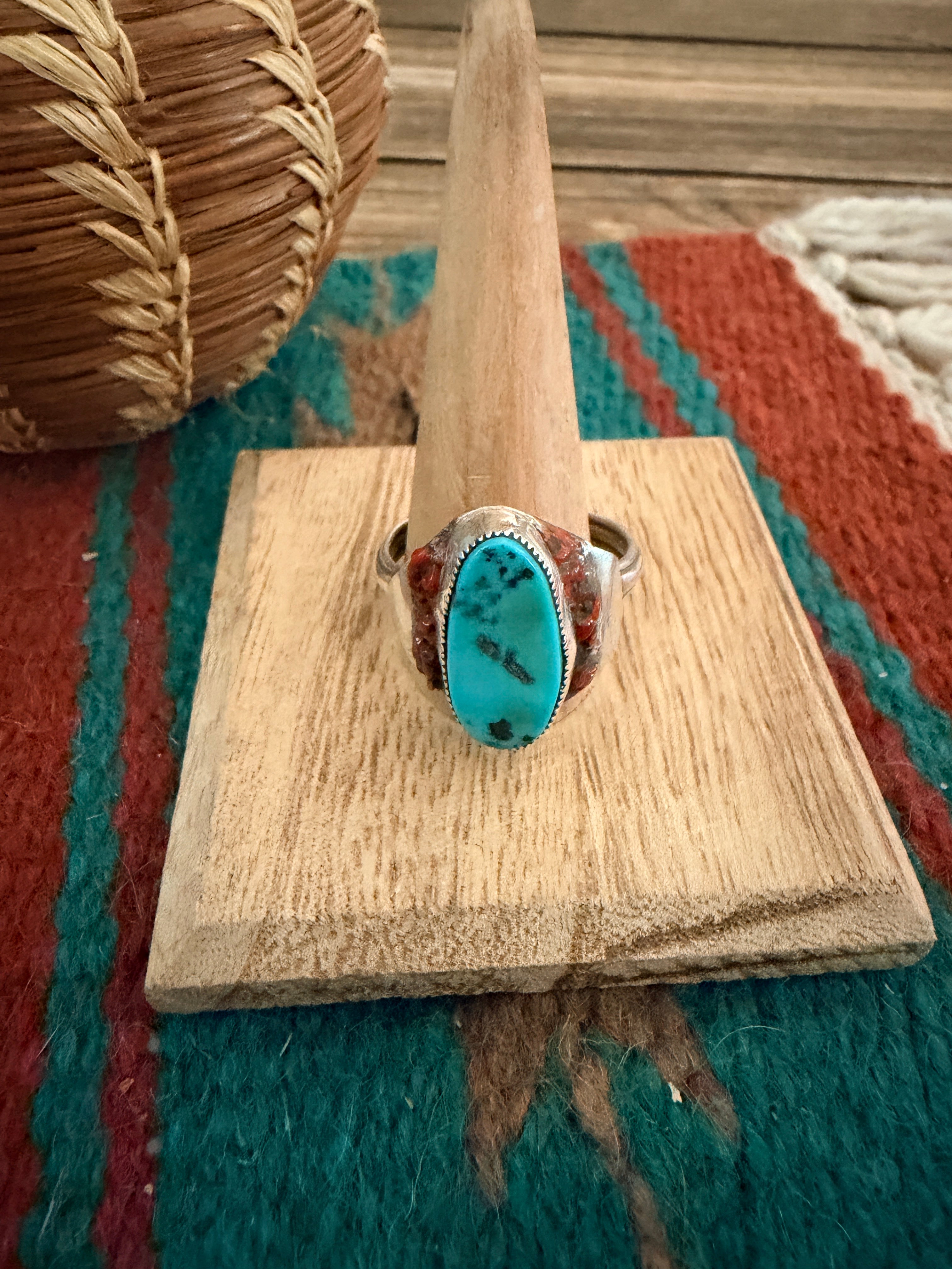 Old Pawn Handcrafted Turquoise, Coral & Sterling Silver Ring Size 14.5