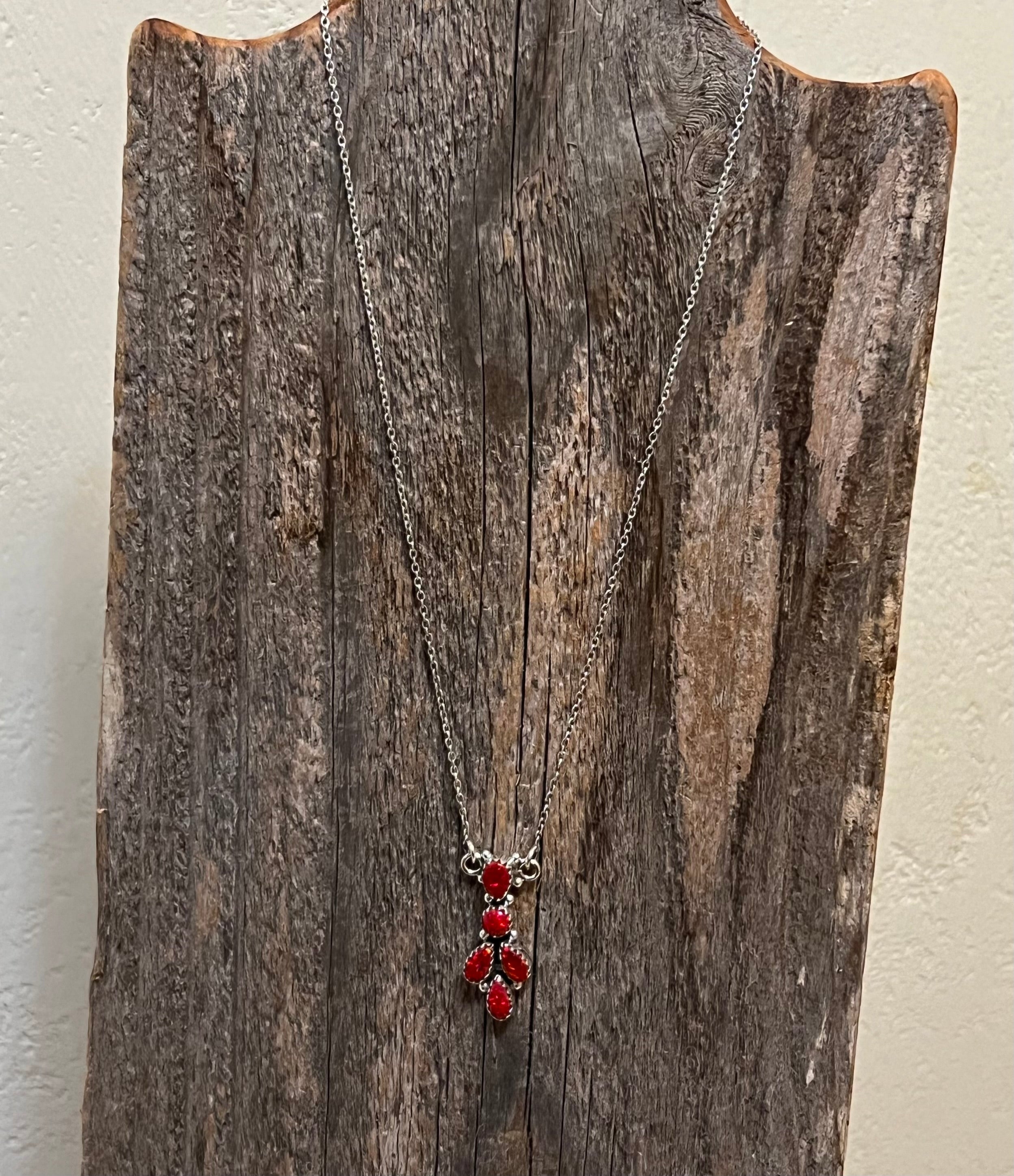 Handmade Fire Red Opal Tear Drop Cluster Sterling Silver Necklace