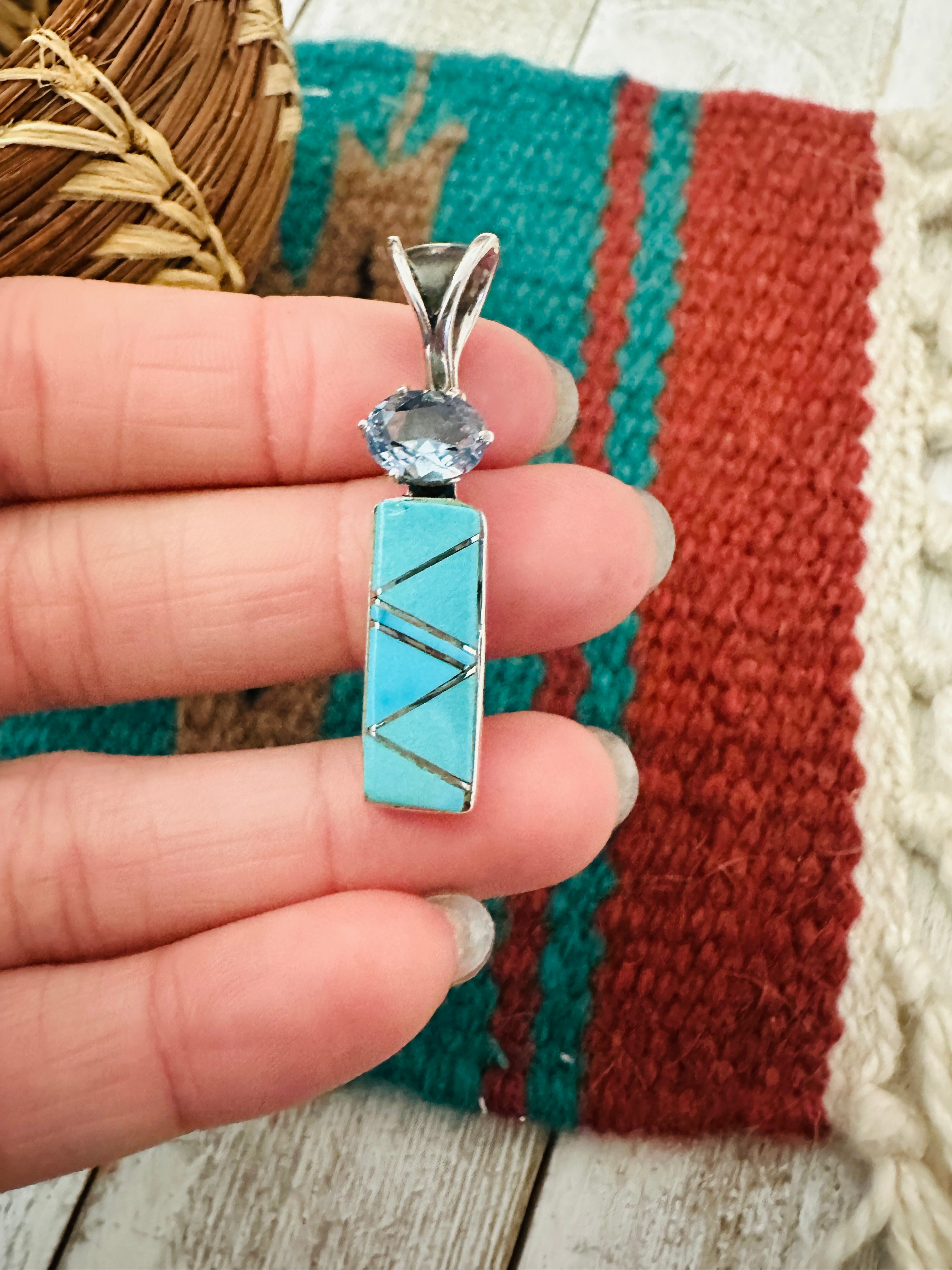 Navajo Turquoise, Aquamarine & Sterling Silver Inlay Pendant