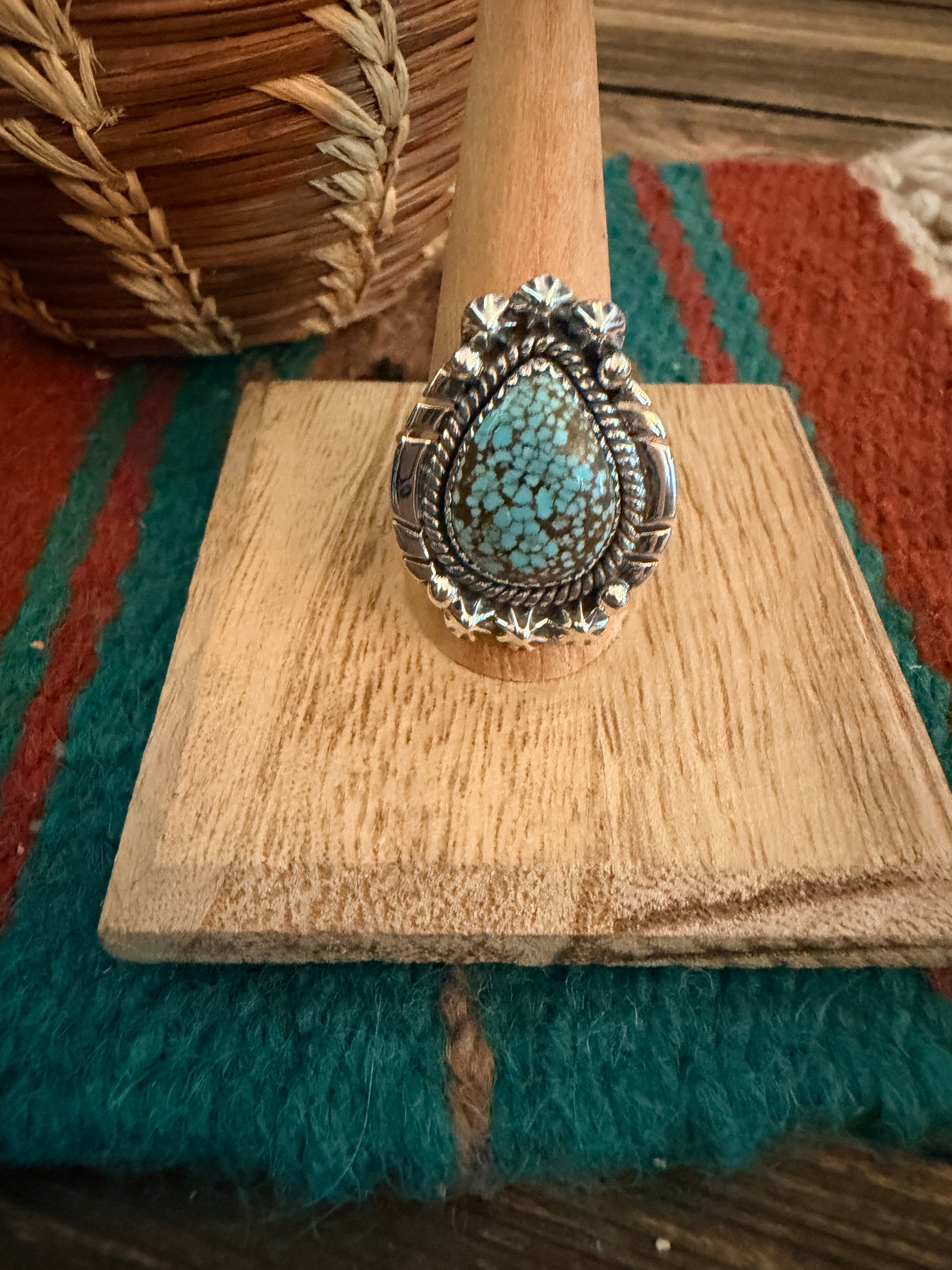 Handmade Sterling Silver Number 8 Turquoise Adjustable Ring Signed Nizhoni