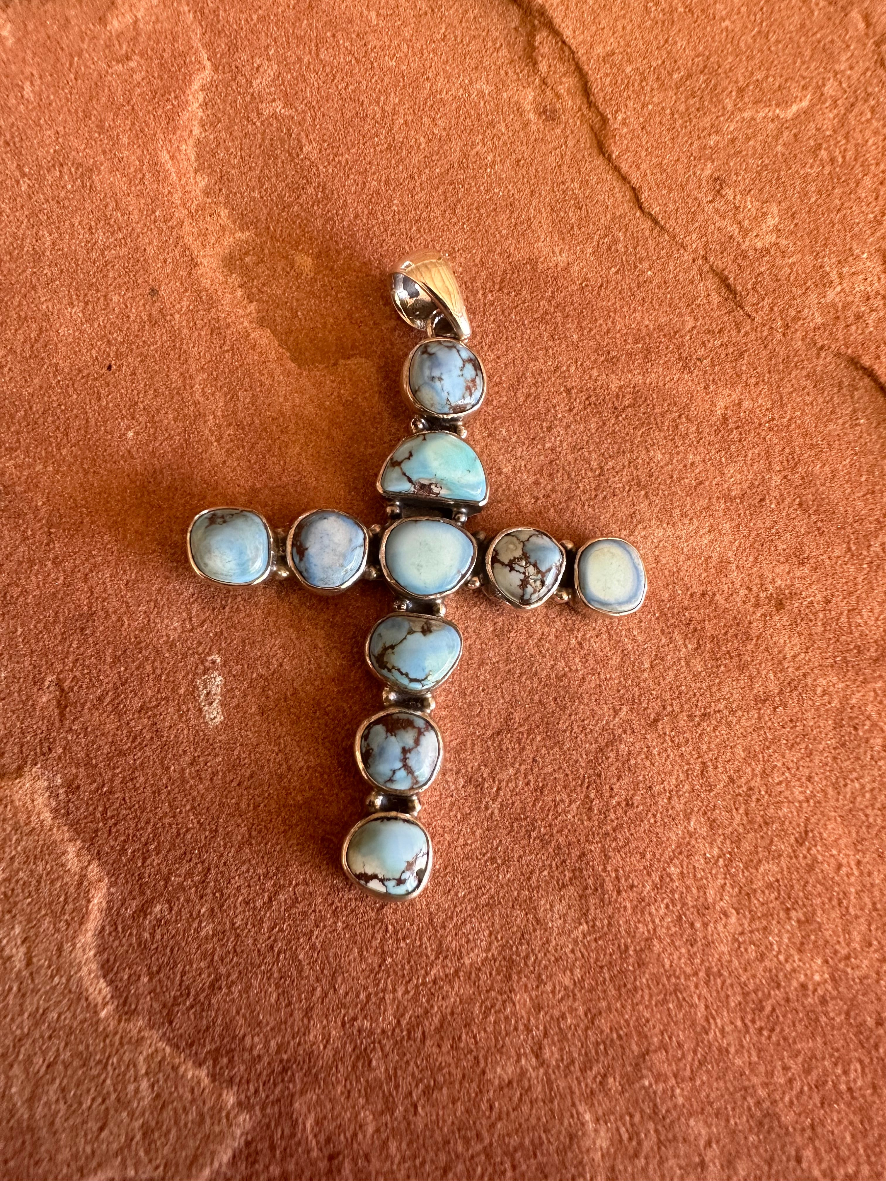 Handmade Golden Hills Turquoise & Sterling Silver Cross Pendant Signed Nizhoni Style 1