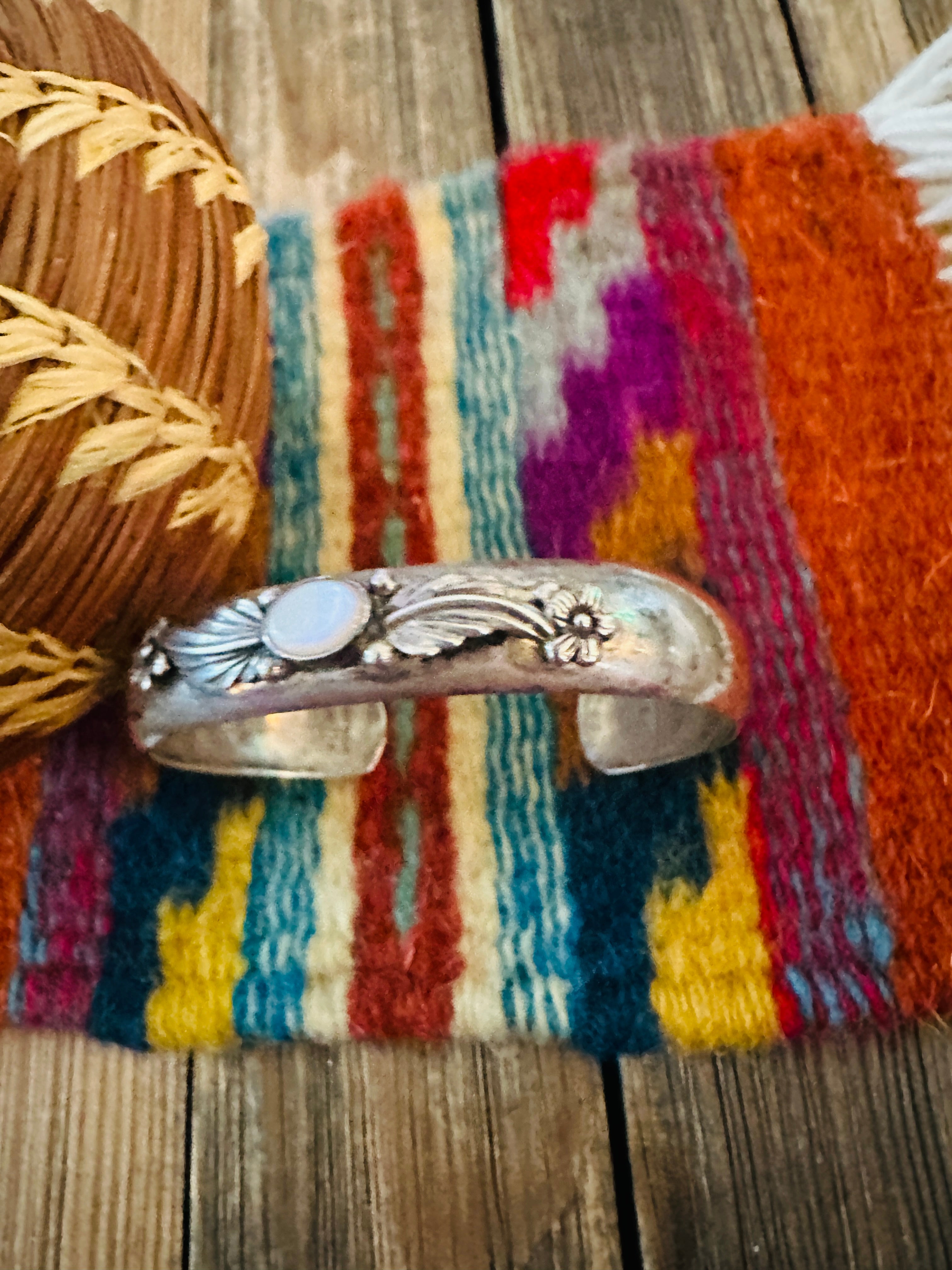 Handcrafted Old Pawn Sterling Silver & Mother of Pearl Cuff Bracelet