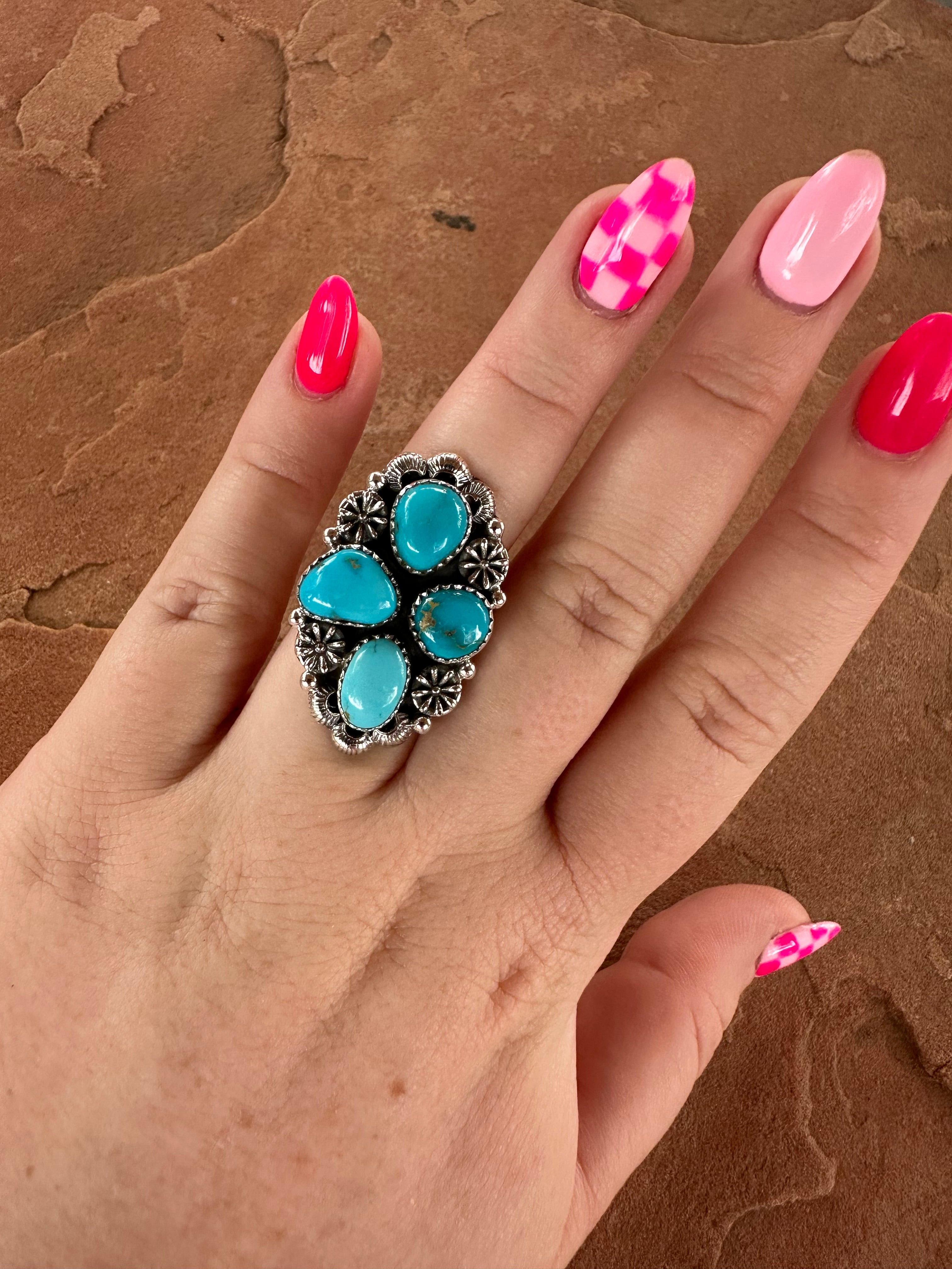 Handmade Turquoise & Sterling Silver Adjustable 4 Stone Ring