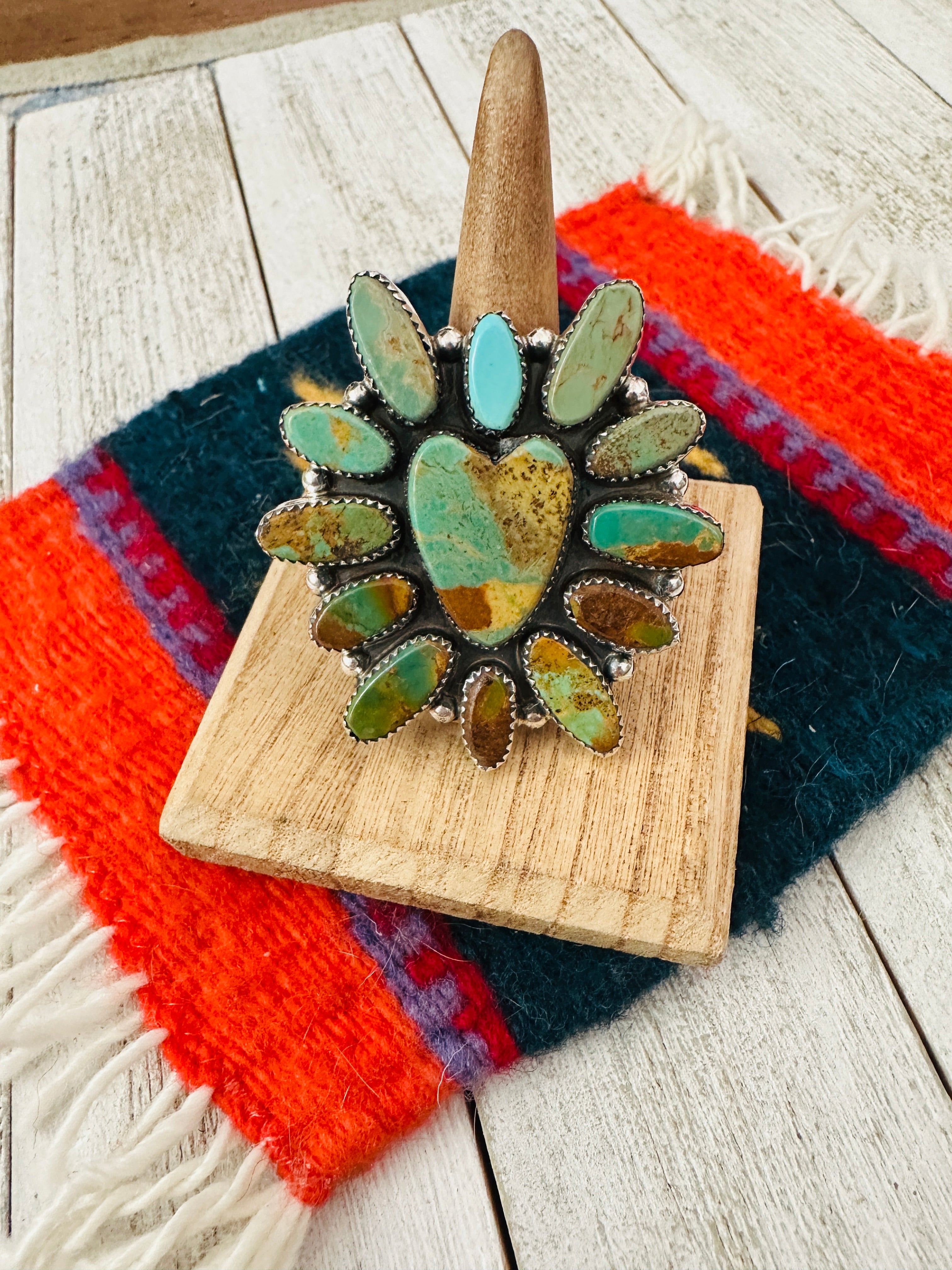 Navajo Royston Turquoise & Sterling Silver Adjustable Heart Cluster Ring