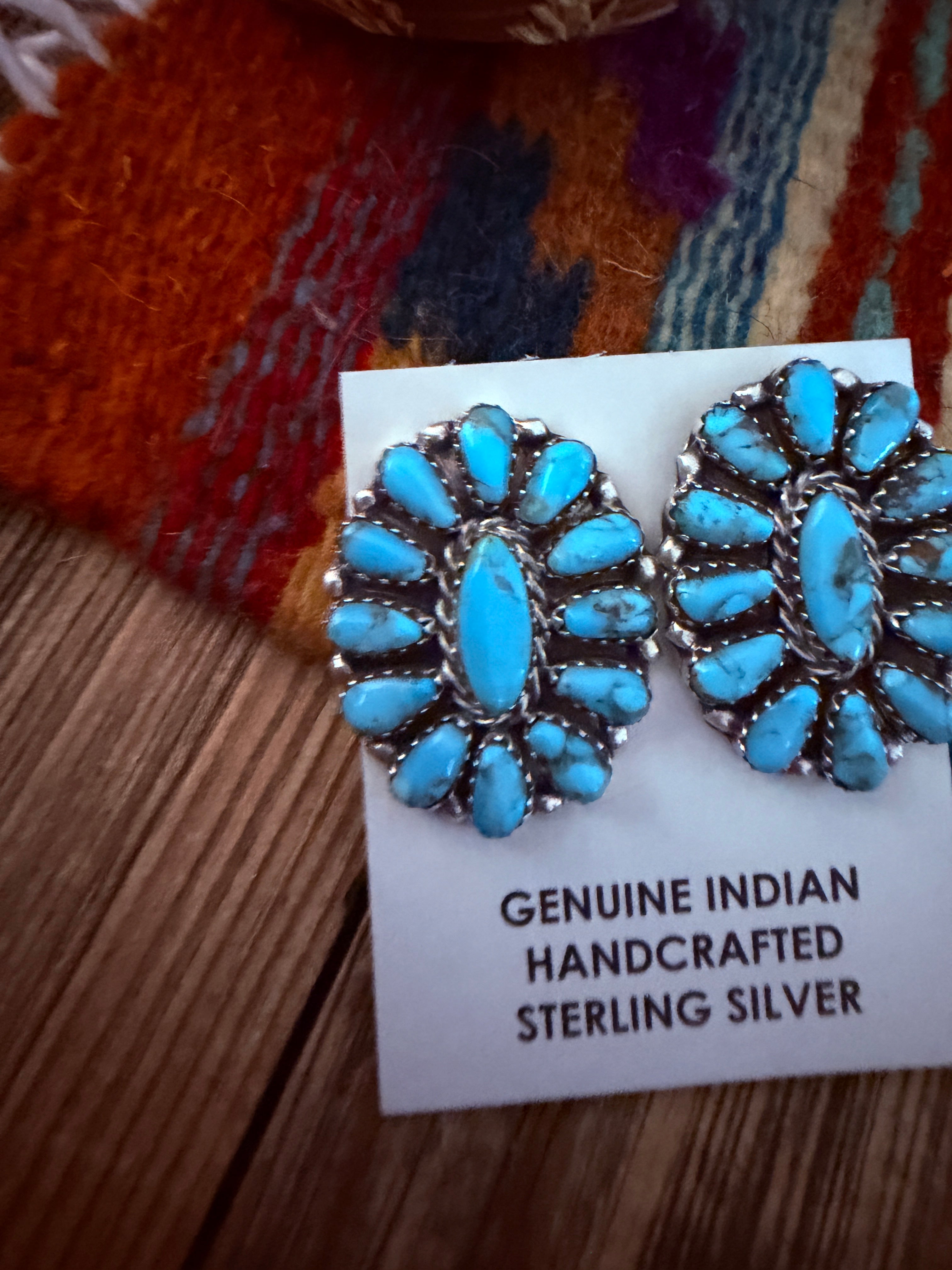 Handcrafted Turquoise & Sterling Silver Cluster Post Earrings by Leander Nez