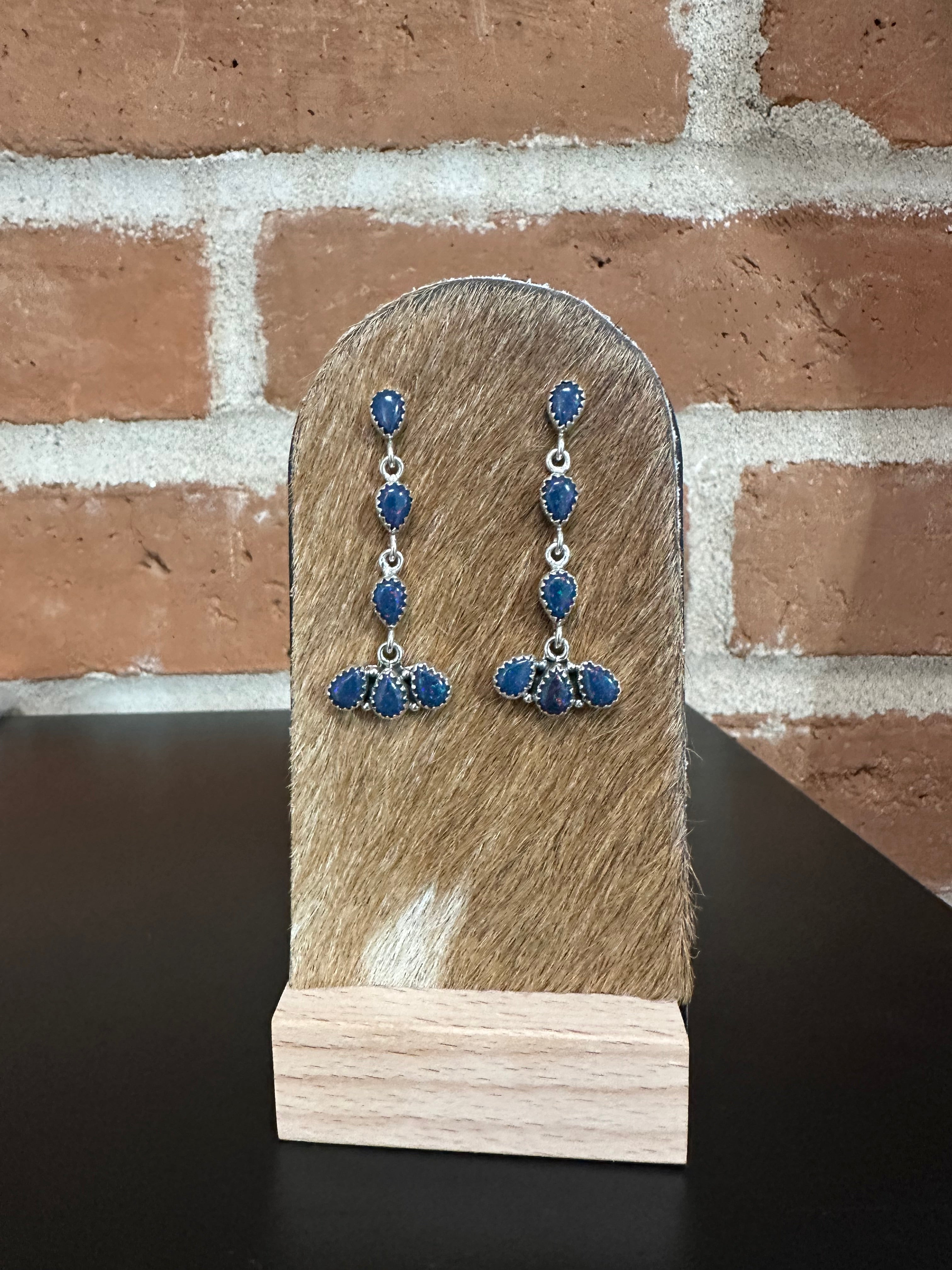 Handmade Navy Fire Opal and Sterling Silver Handmade Dangles