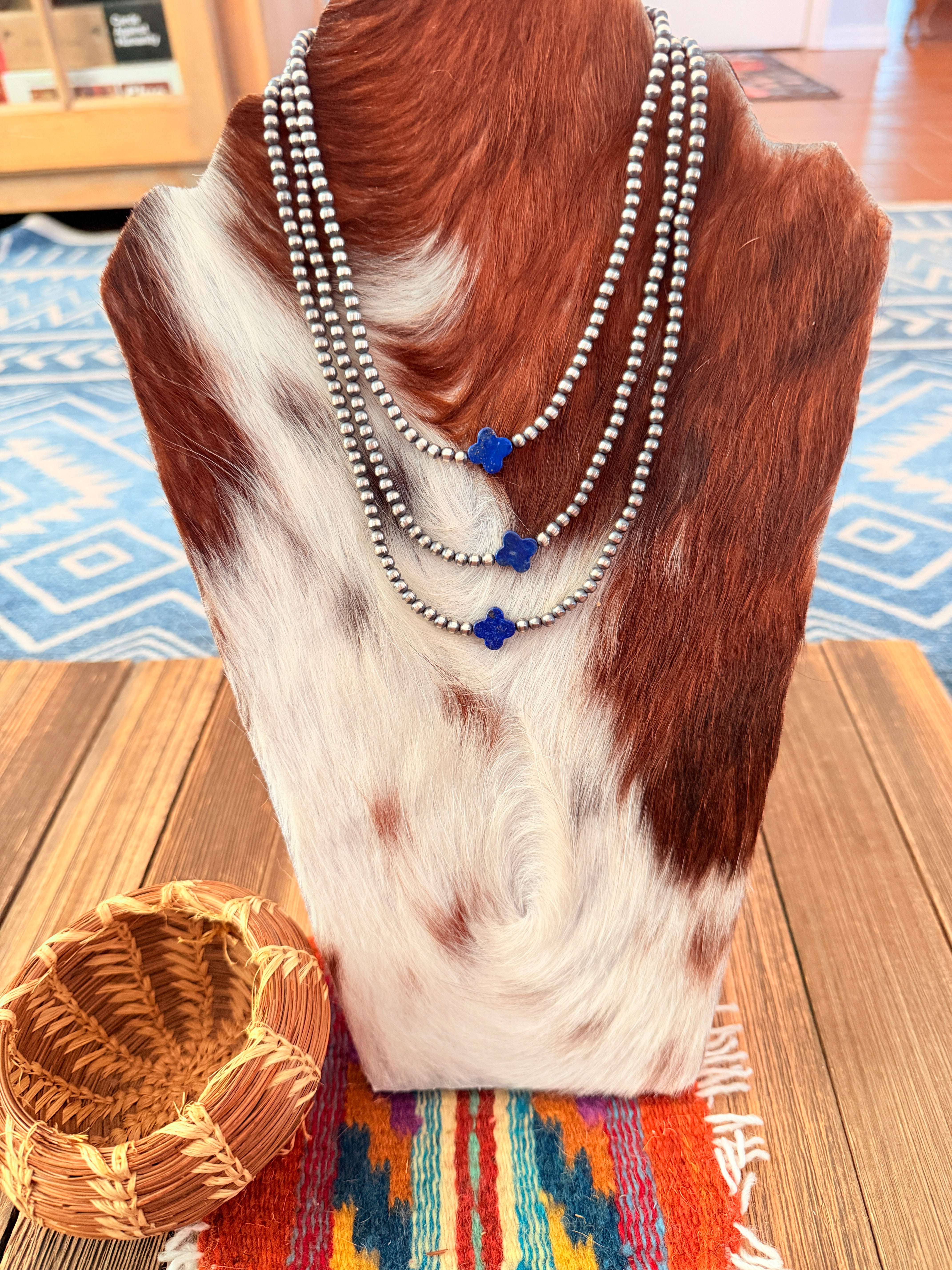 Handcrafted Lapis and Sterling Silver Pearl Quatrefoil Beaded Necklace