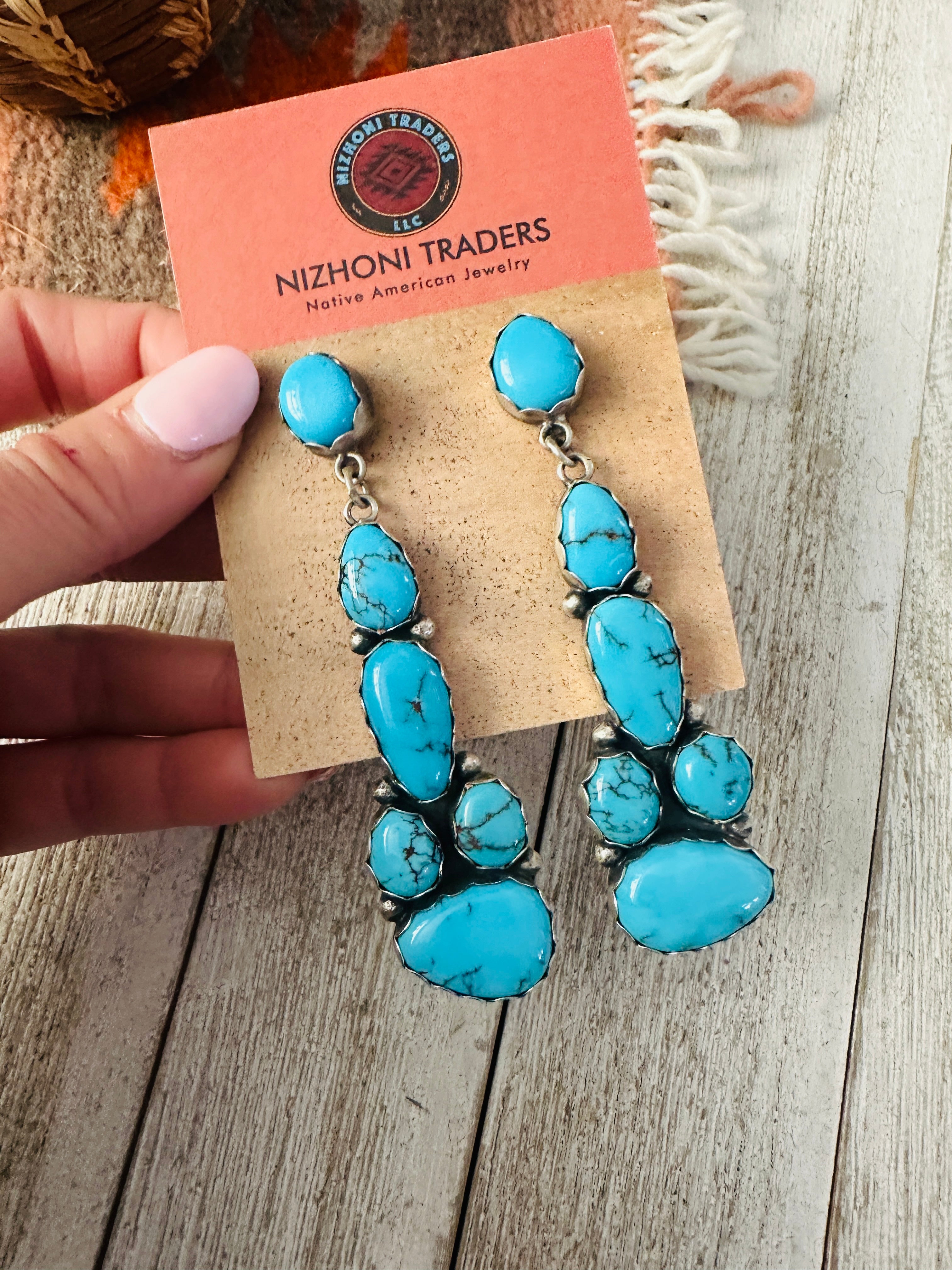 Navajo Sterling Silver & Turquoise Cluster Dangle Earrings