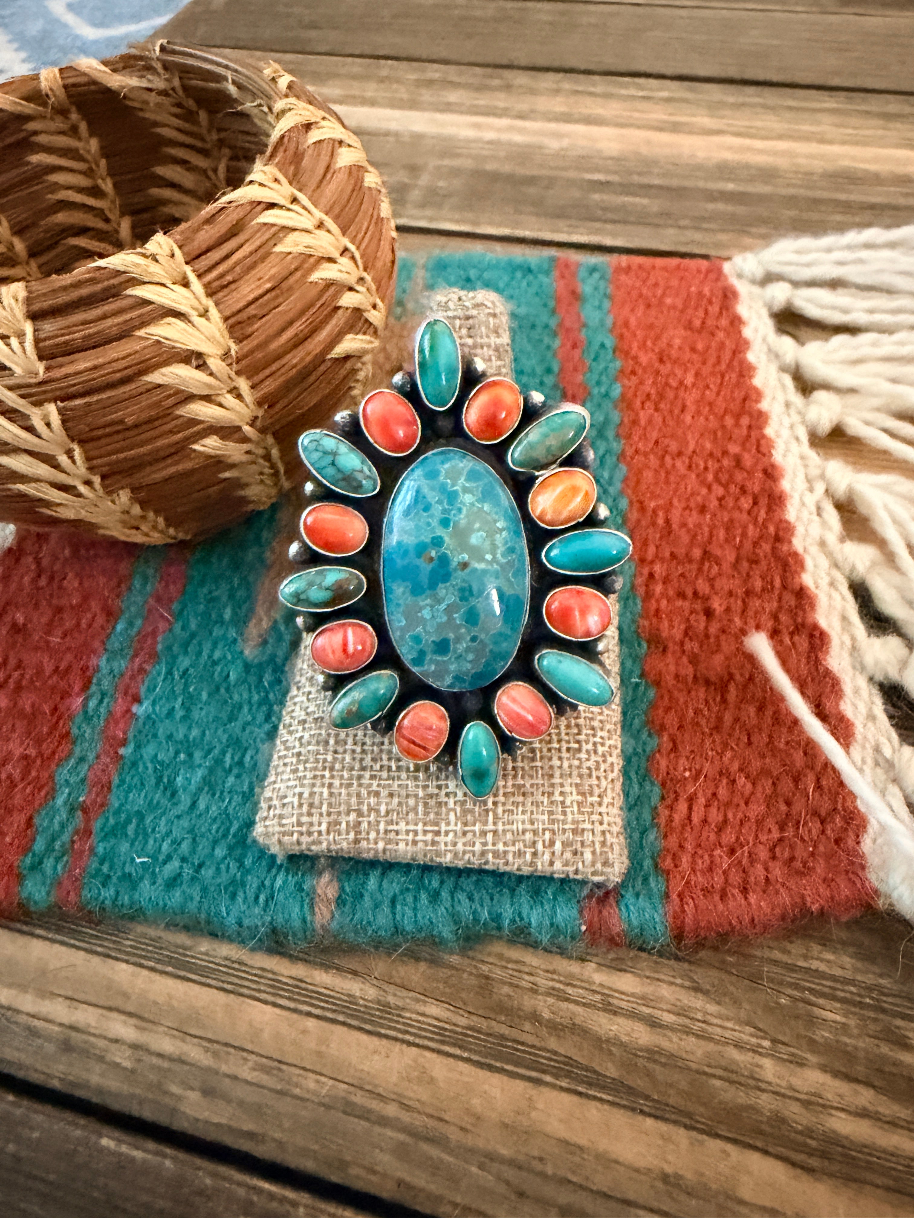 Handcrafted Spiny Oyster, Turquoise & Sterling Silver Cluster Ring by Sheila Becenti Size 11