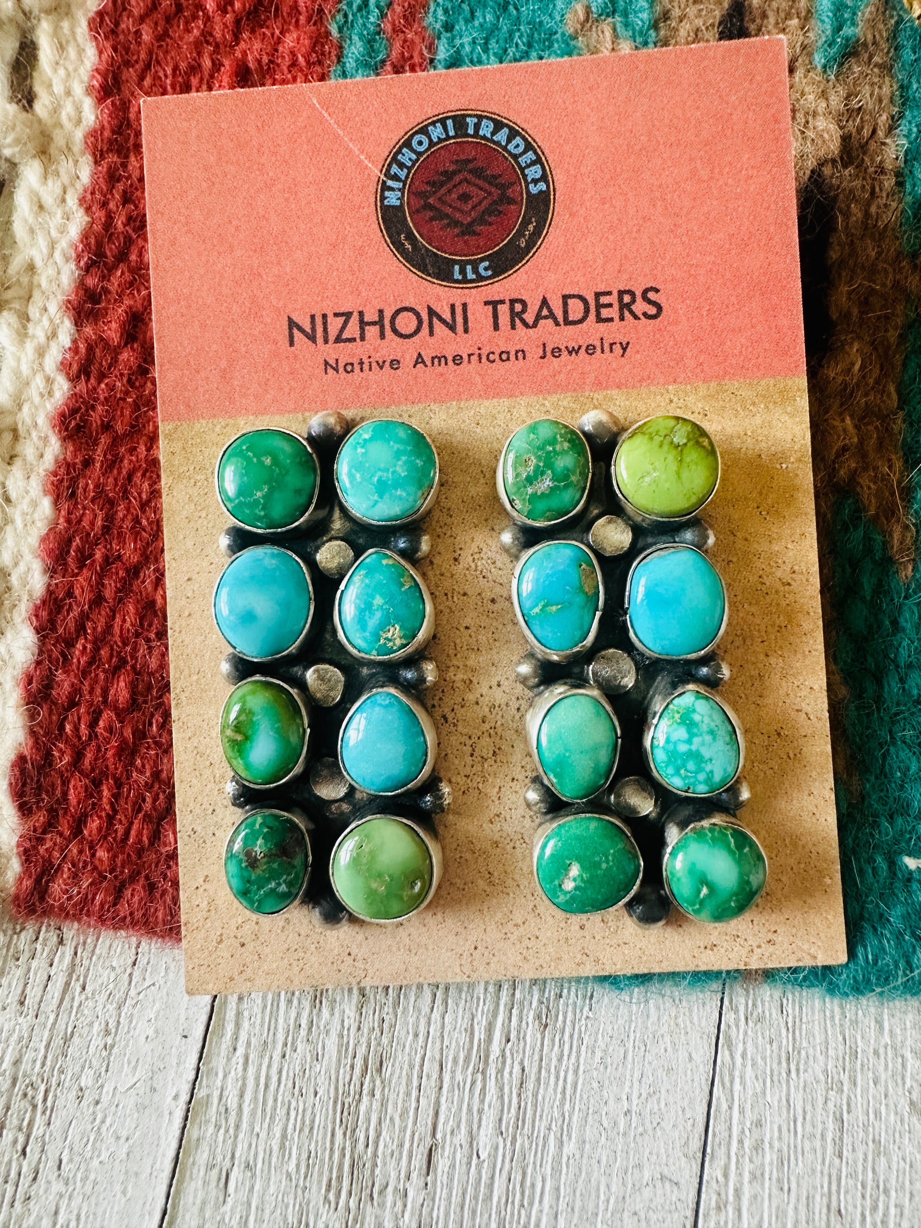 Navajo Multi Turquoise & Sterling Silver Cluster Earrings