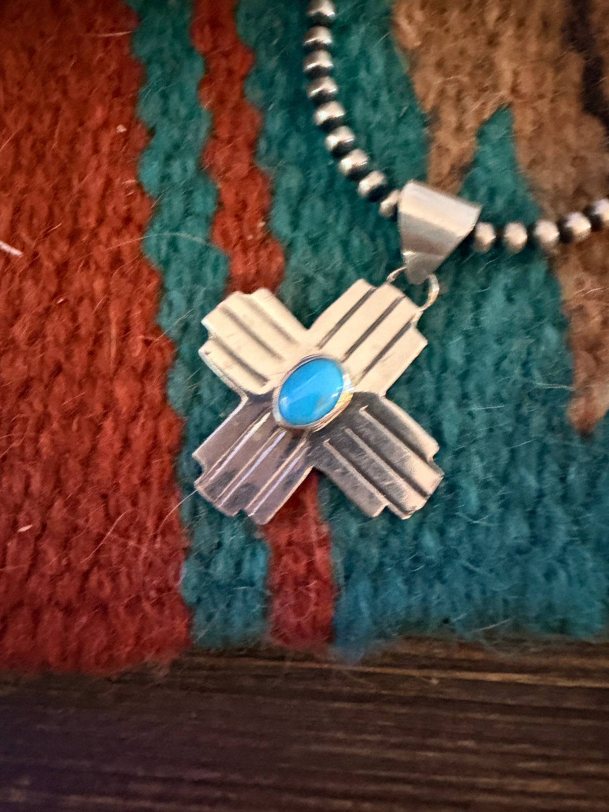 Old Pawn Handcrafted Inlay Turquoise & Sterling Silver Zia Cross Pendant
