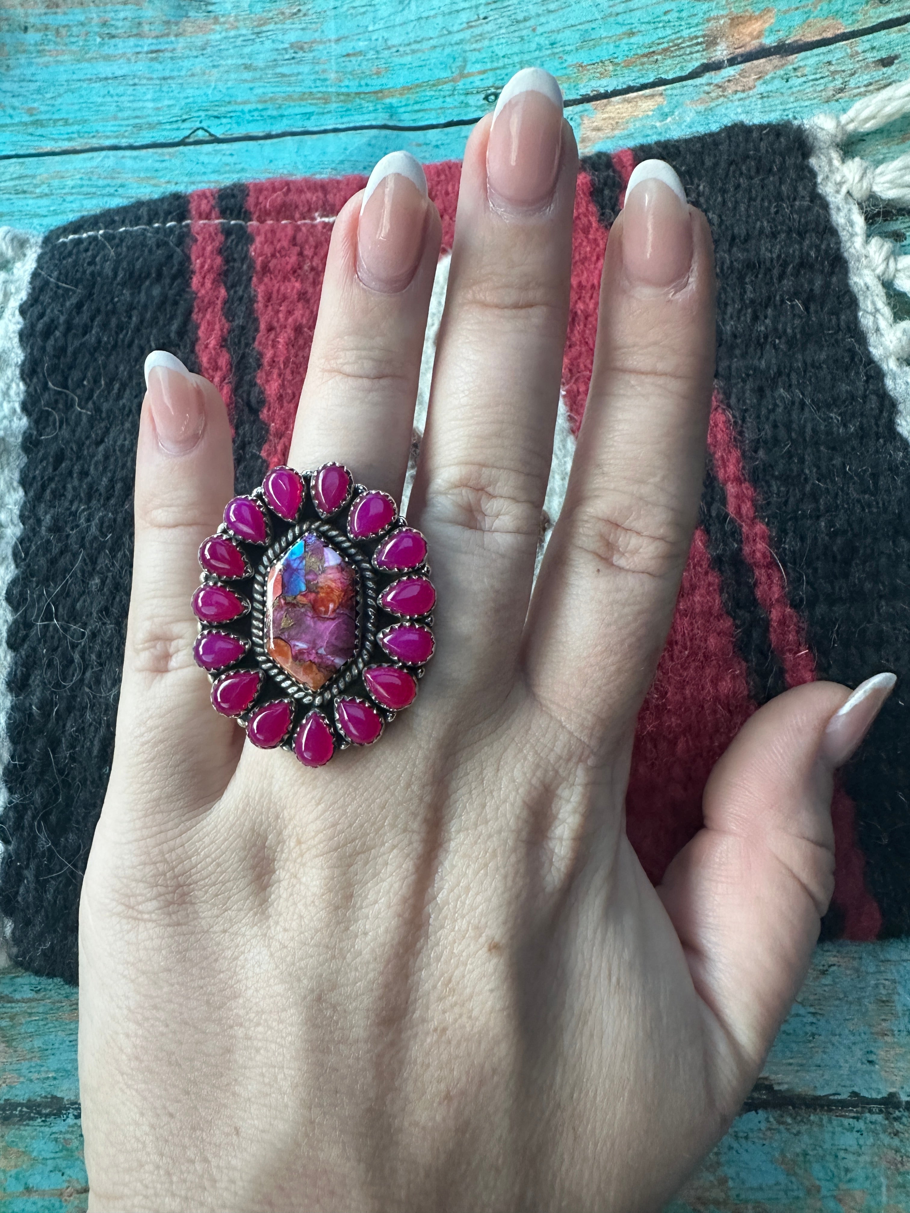 Beautiful Handmade Pink Dream, Pink Onyx And Sterling Silver Adjustable Ring Signed Nizhoni