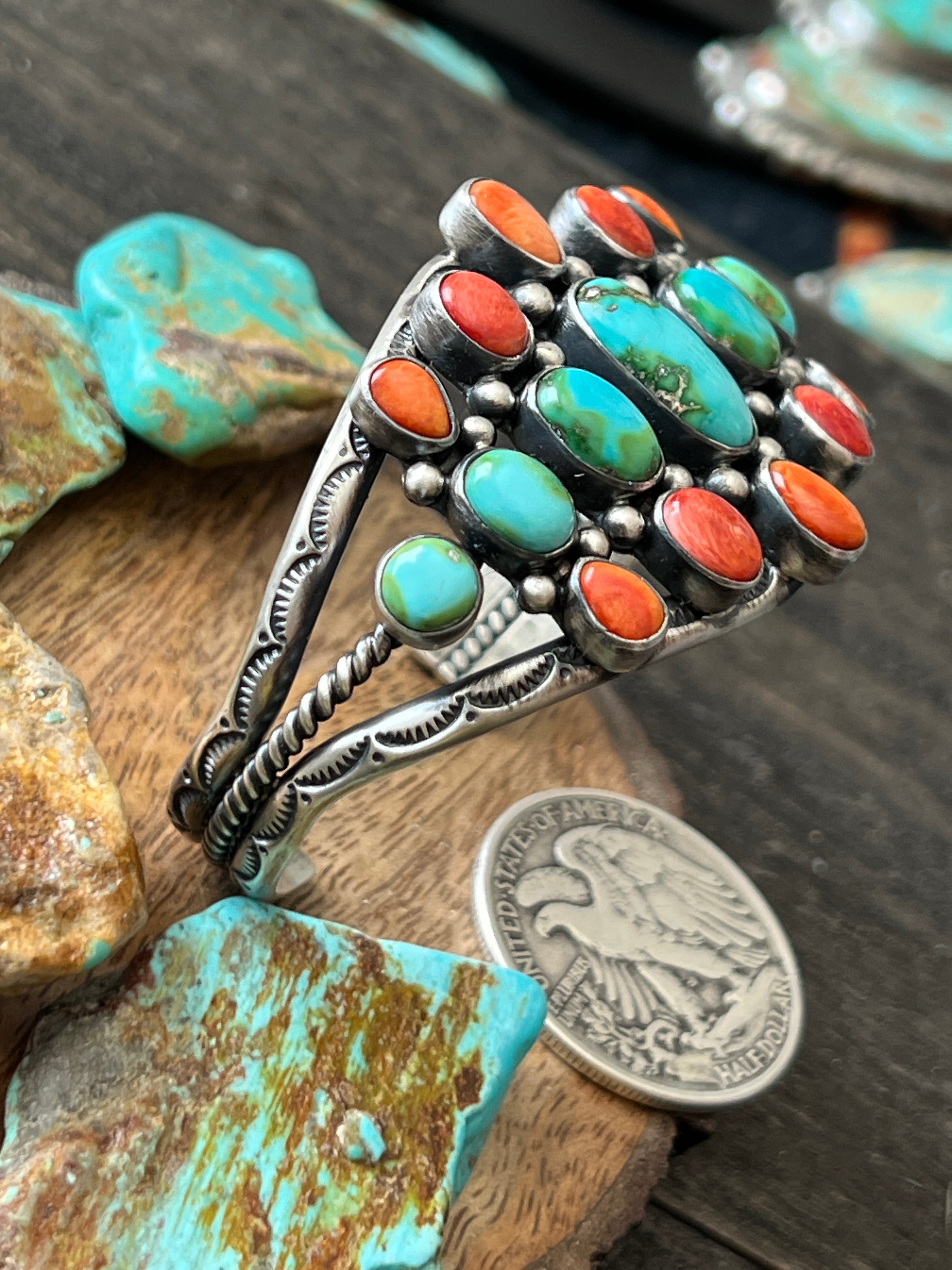 Hand Stamped Sterling Silver, Sonoran Turquoise and Spiny Oyster Shell Cluster Cuff Bracelet by Diane Wylie /