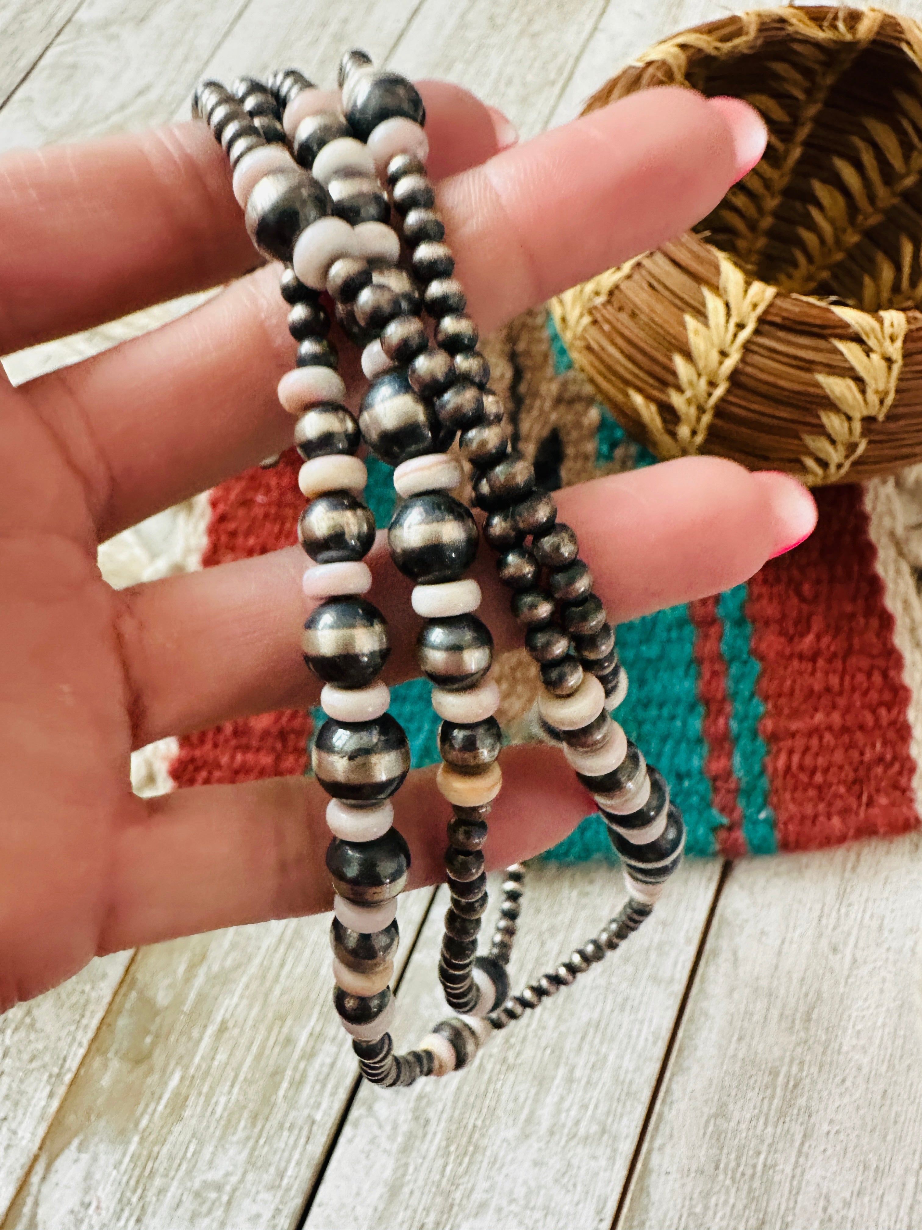 Handcrafted Sterling Silver Pearl & Queen Pink Conch 60” Beaded Necklace