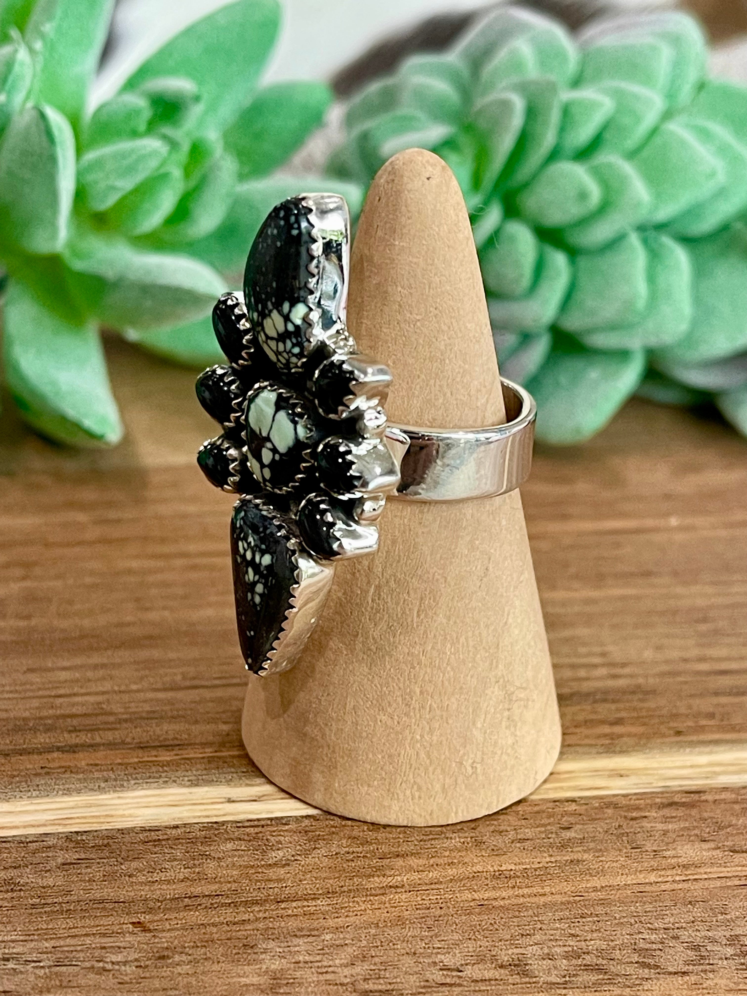 Beautiful Handmade New Lander Turquoise, Onyx And Sterling Silver Adjustable Ring