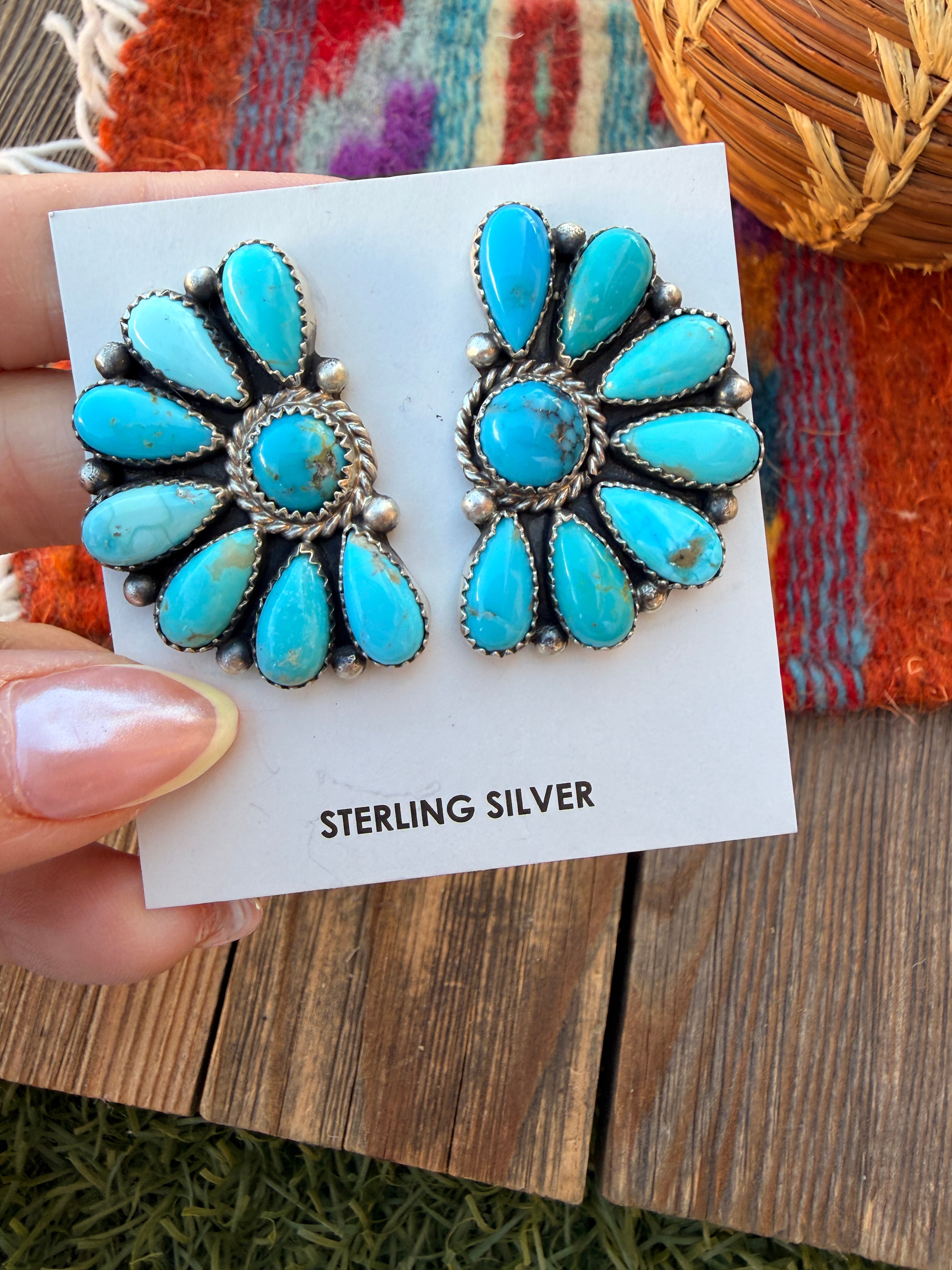 Handcrafted Turquoise & Sterling Silver Cluster Post Earrings by Effie Garfield