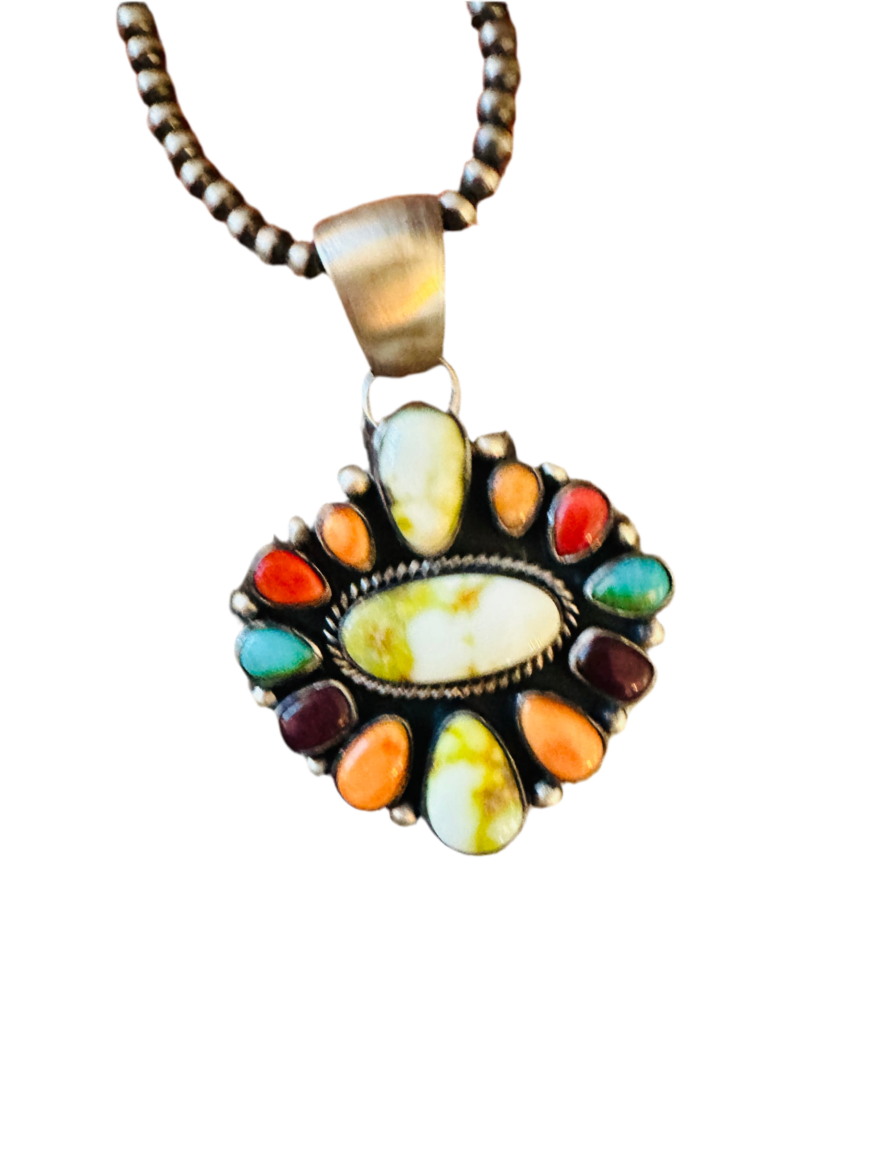 Handcrafted Electric Rainbow Turquoise, Spiny & Sterling Silver Cluster Pendant by Angela Martin