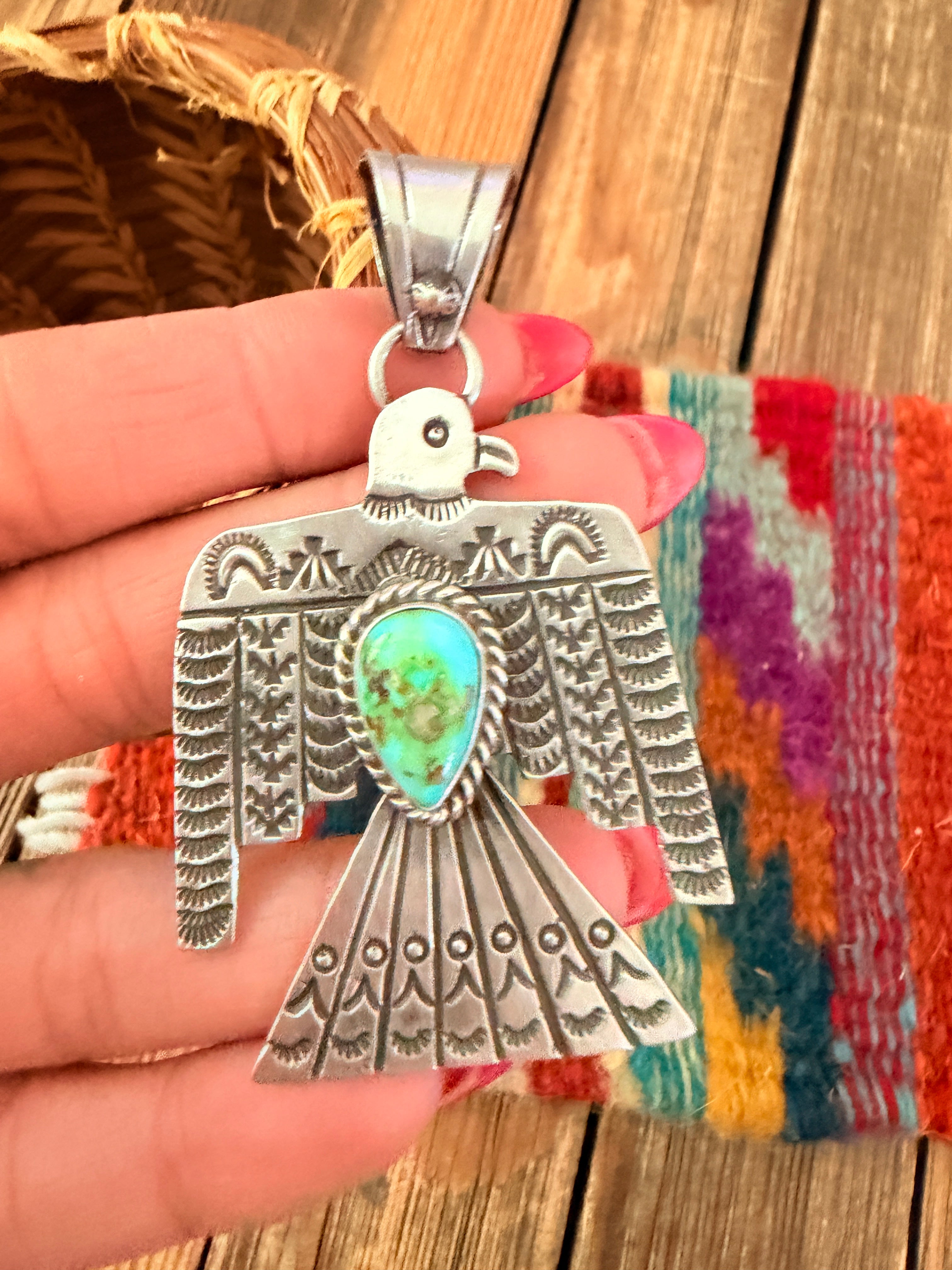 Handcrafted Sterling Silver & Turquoise Thunderbird Pendant by Leroy James