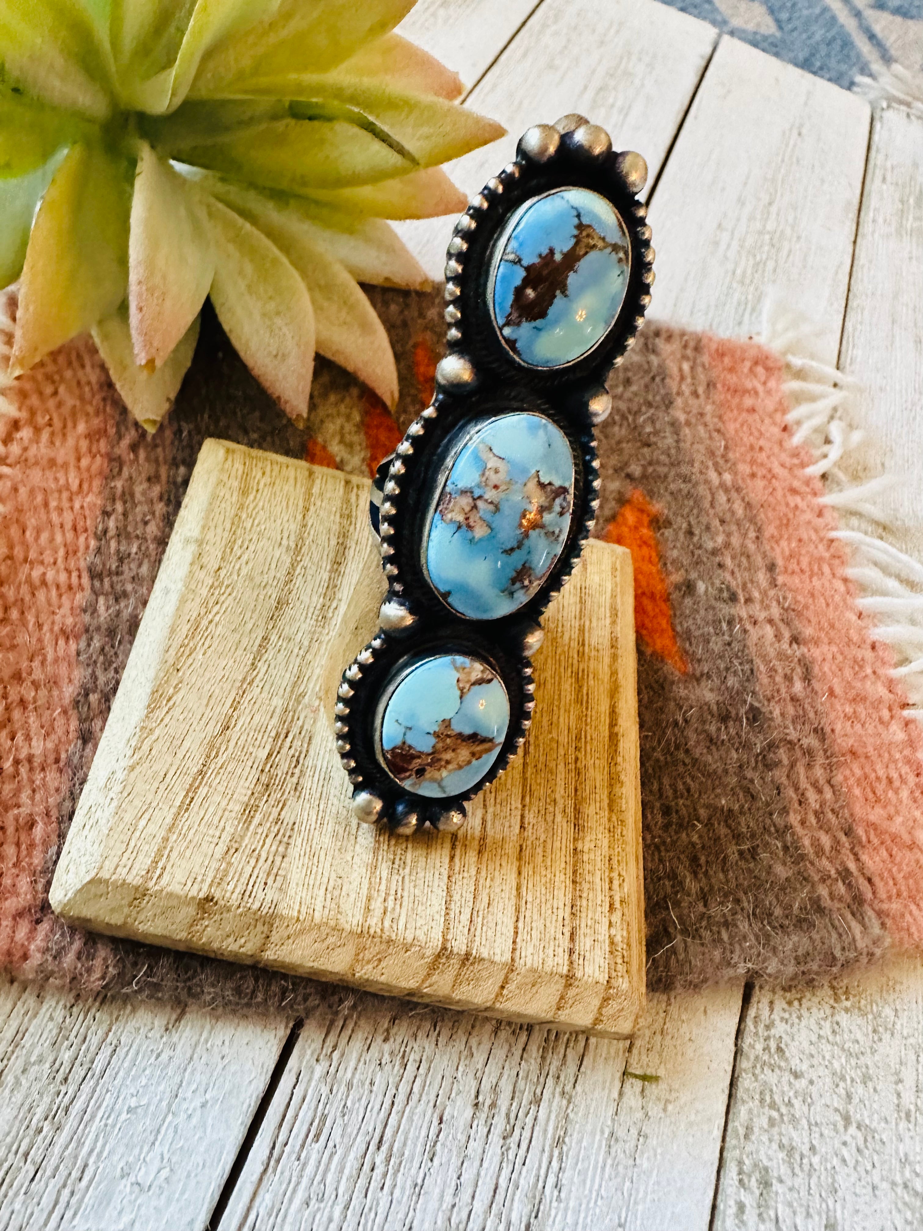 Navajo Golden Hills Turquoise & Sterling Silver Ring Size 8.25 by Kathleen Livingston