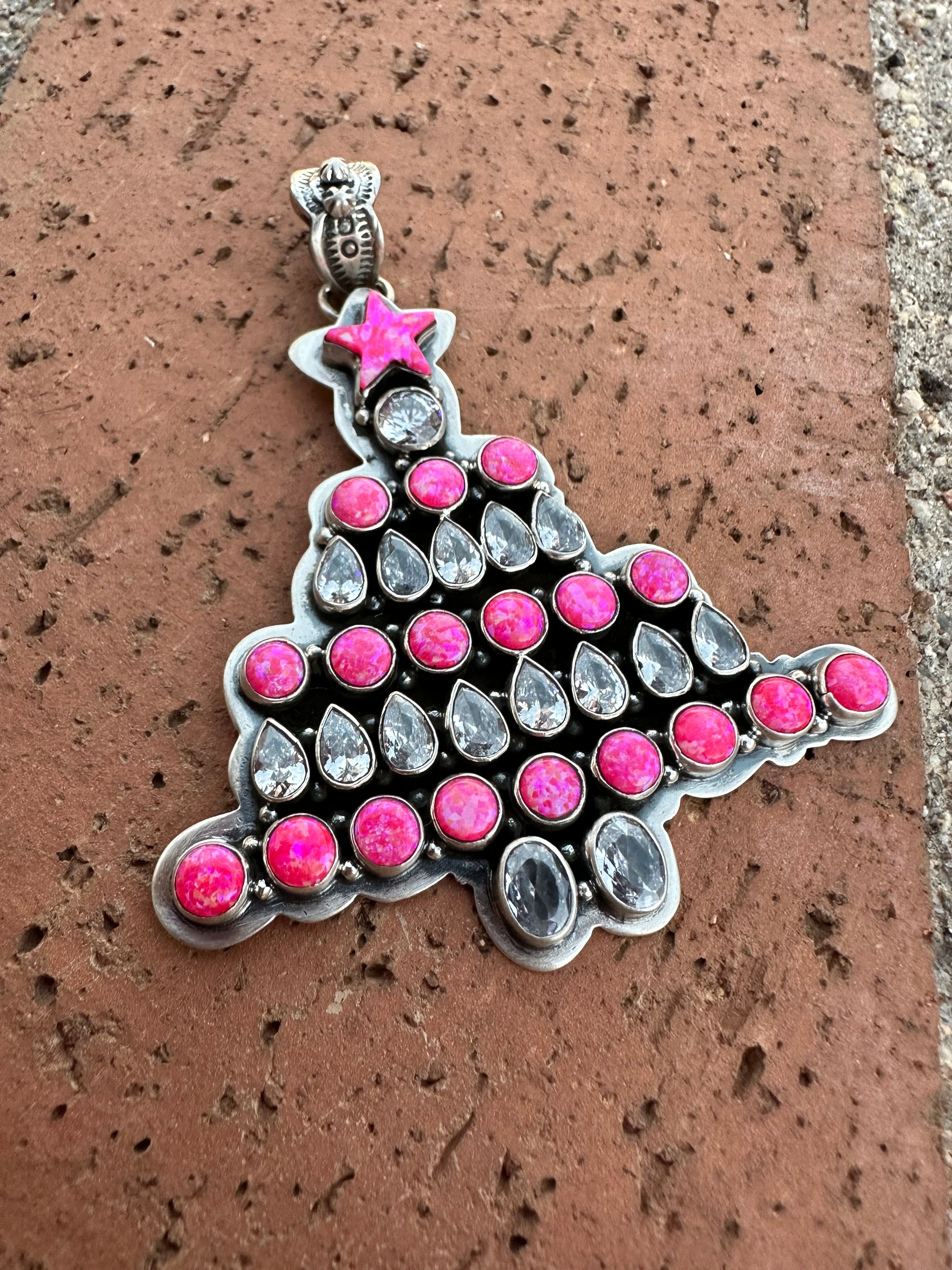 Handmade Sterling Silver & Hot Pink Opal Christmas Tree Pendant