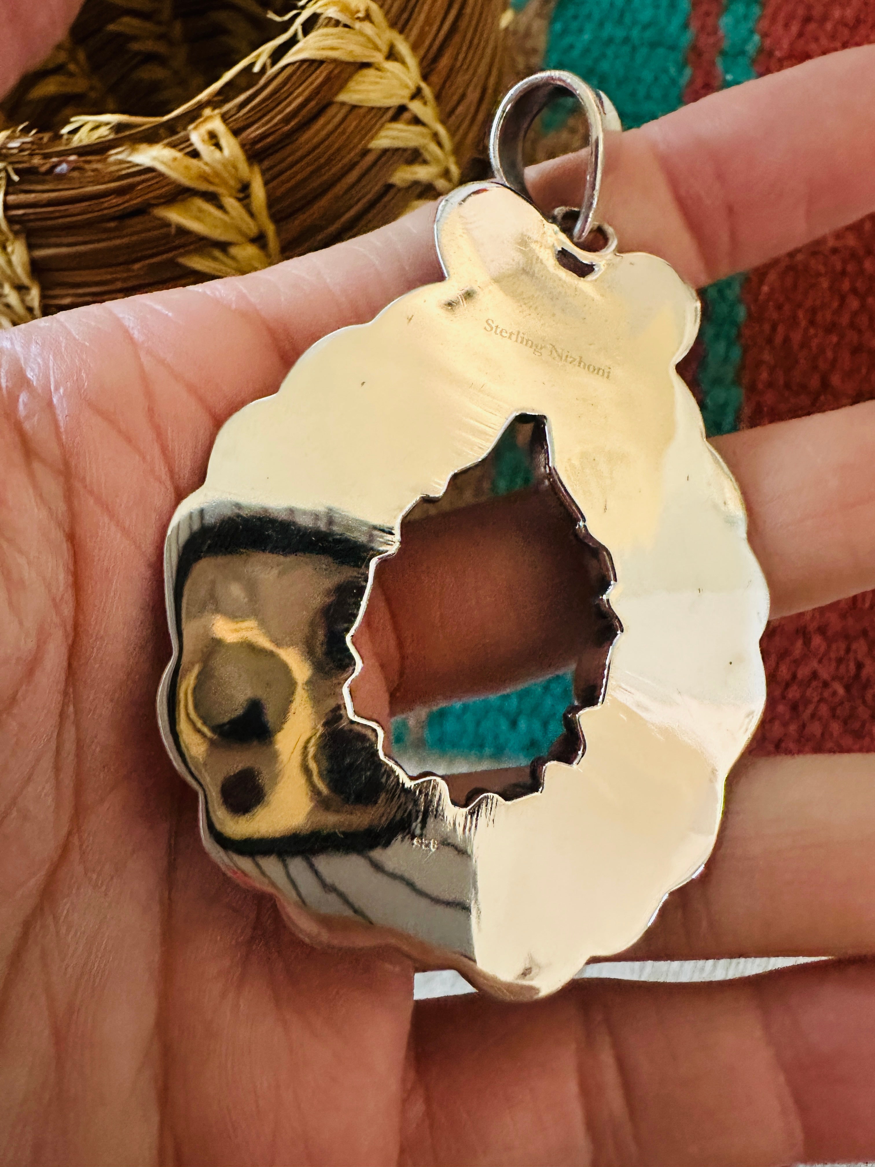 ** Christmas Collection ** Handmade Sterling Silver, Coral, Mother of Pearl & CZ Wreath Pendant Signed Nizhoni