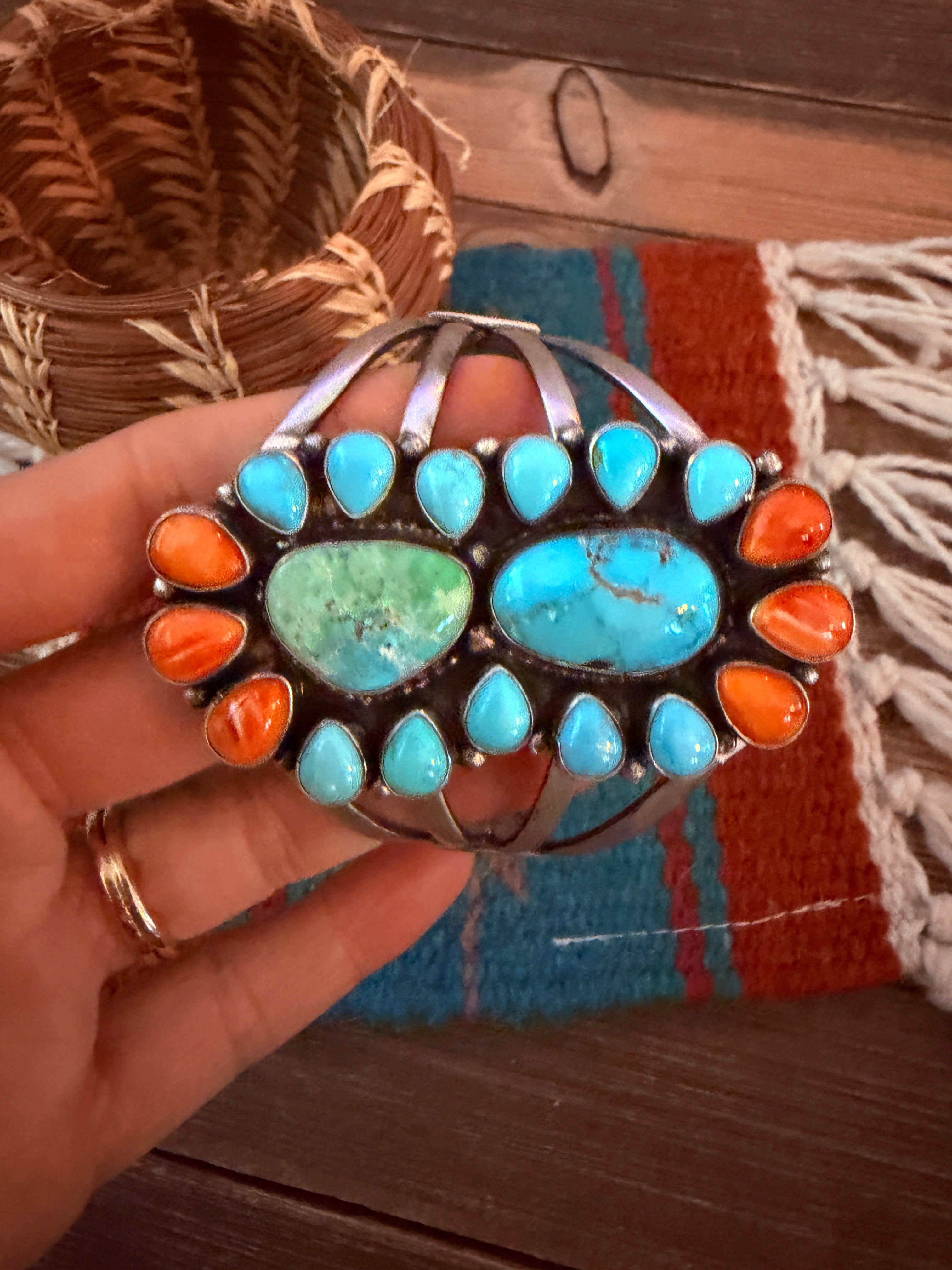 Handcrafted Turquoise, Orange Spiny & Sterling Silver Cuff Bracelet by Sheila Becenti