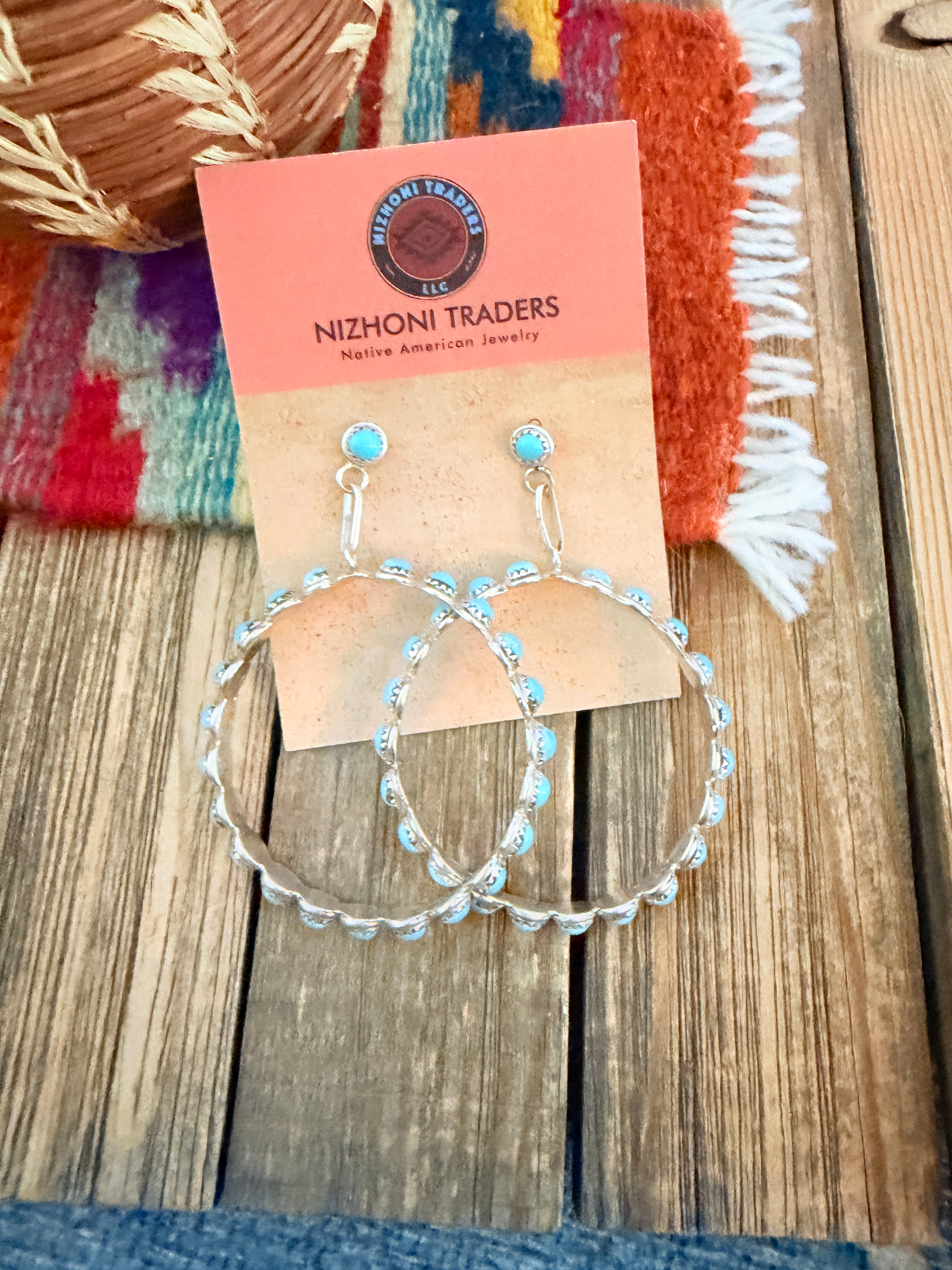 Handcrafted Turquoise & Sterling Silver Dangle Hoop Earrings
