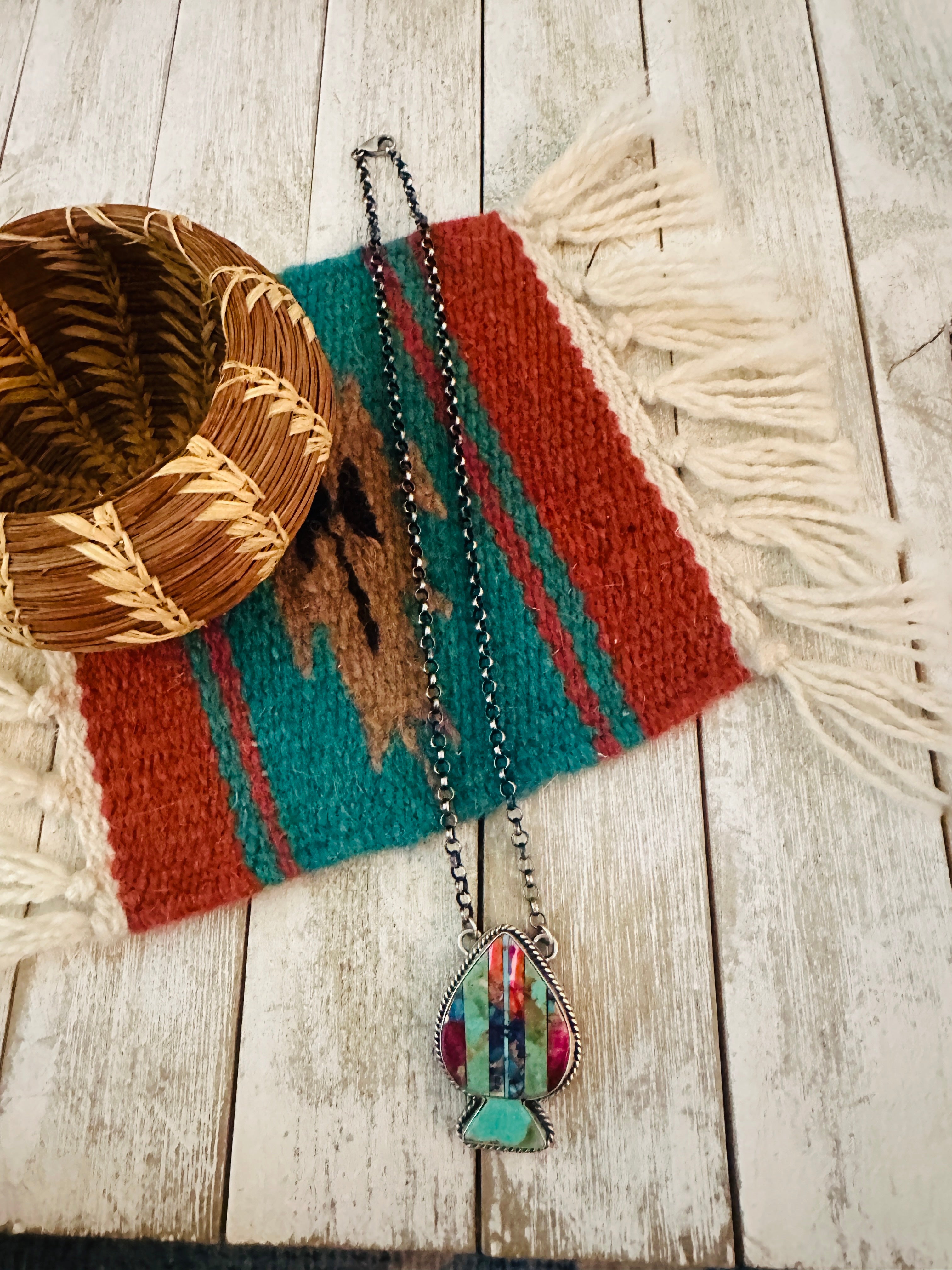 Navajo Sterling Silver & Multi Stone Inlay Spade Necklace