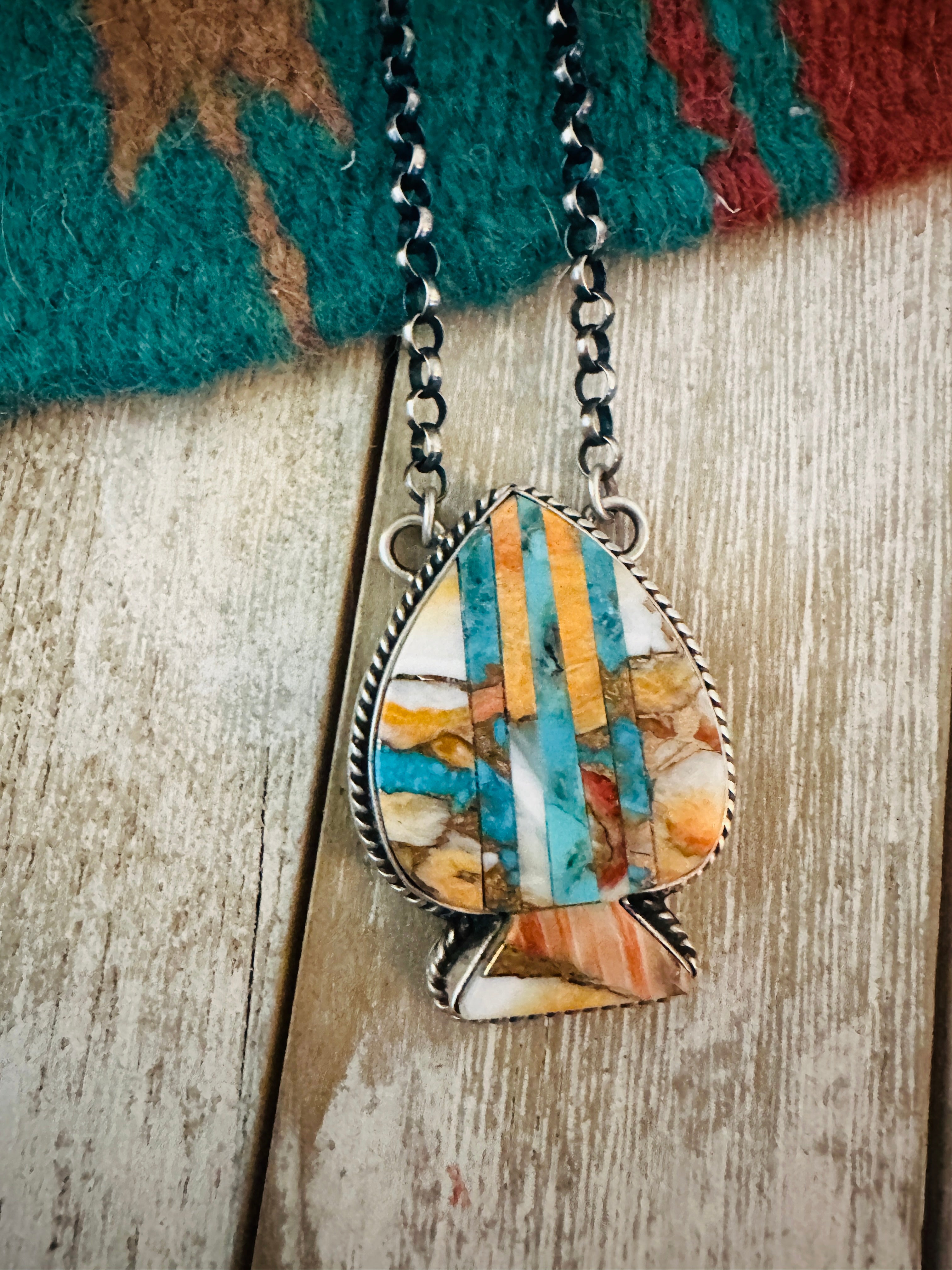 Navajo Sterling Silver & Multi Stone Inlay Spade Necklace