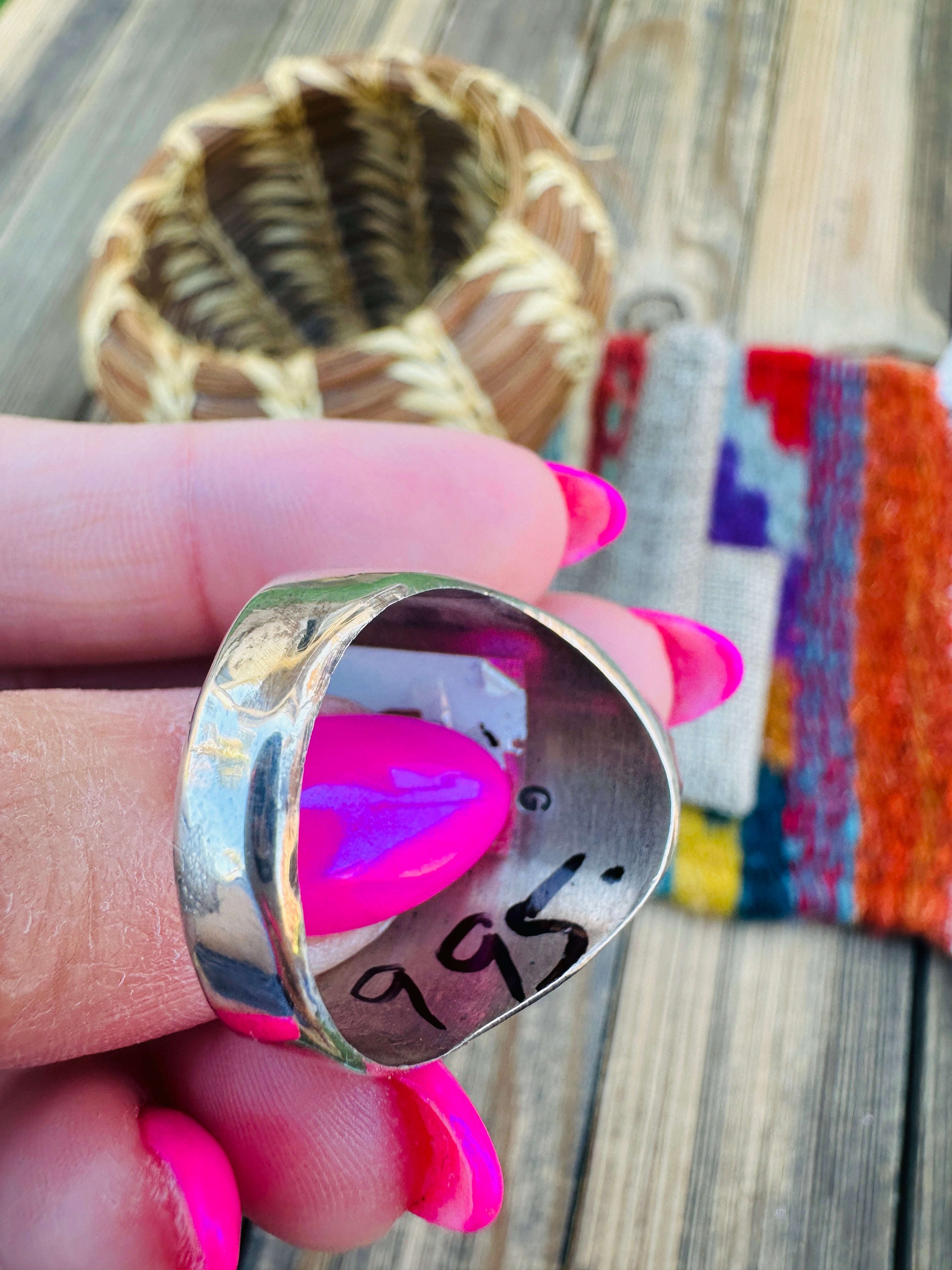 Handcrafted Multi Stone & Sterling Silver Inlay Ring Size 11 by Gilbert Smith