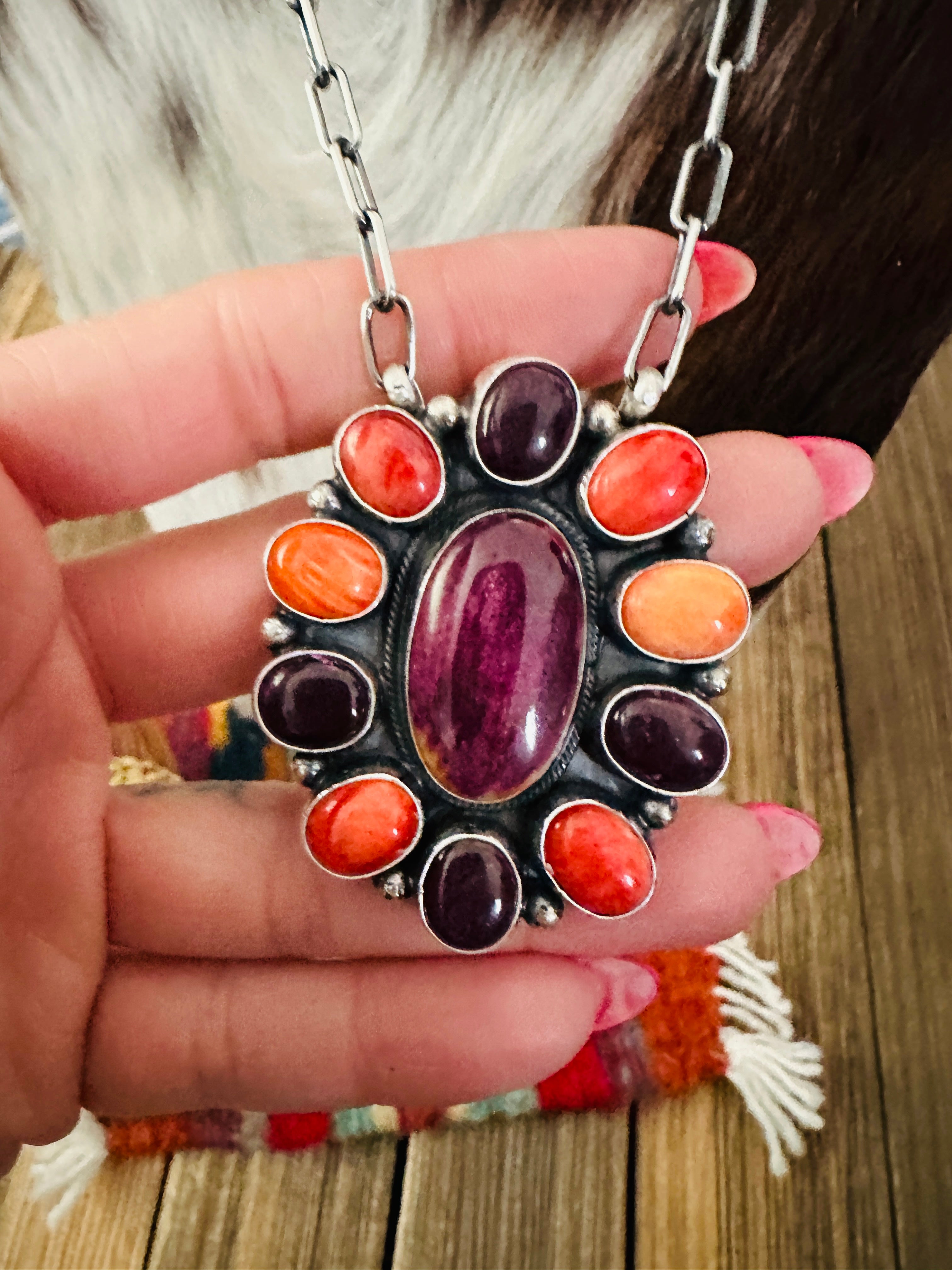 Handcrafted Multicolor Spiny Oyster & Sterling Silver Cluster Necklace by Sheila Becenti