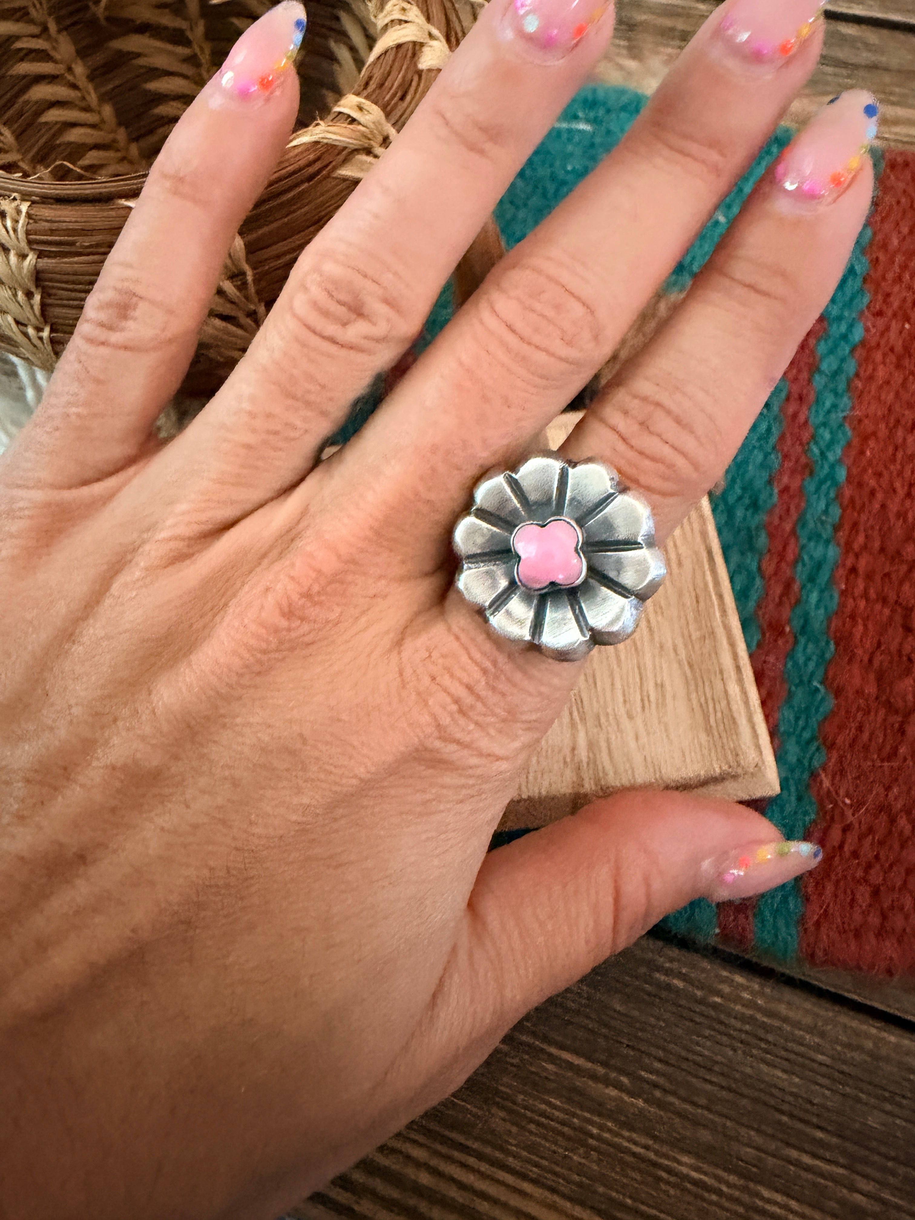 Handcrafted Queen Pink Cocnh and Sterling Silver Flower Ring size 6.75 by Chimney Butte