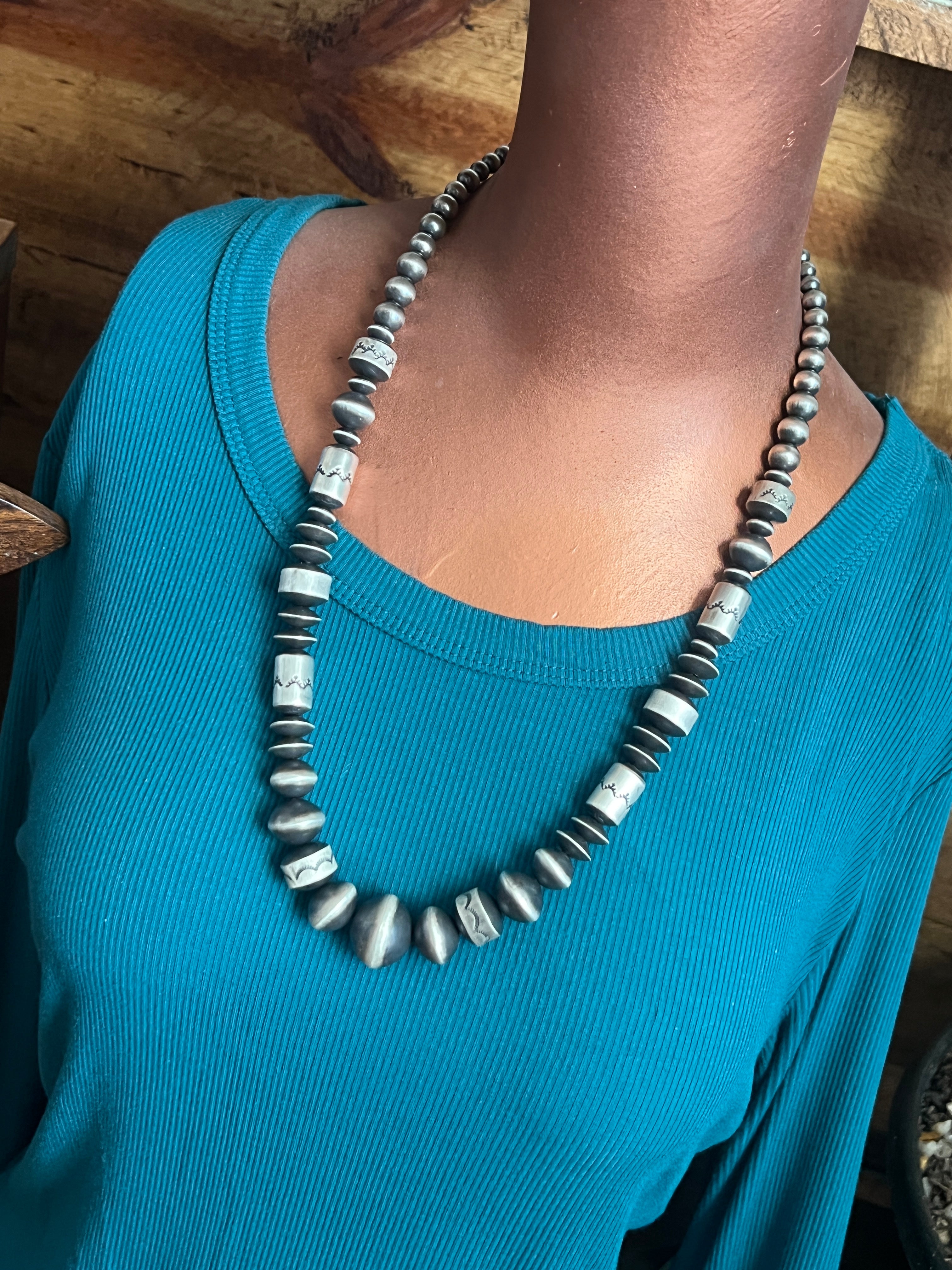 Handcrafted Sterling Silver Single Strand Beaded Statement Necklace by Rose Martin, 24” + 1-1/2”