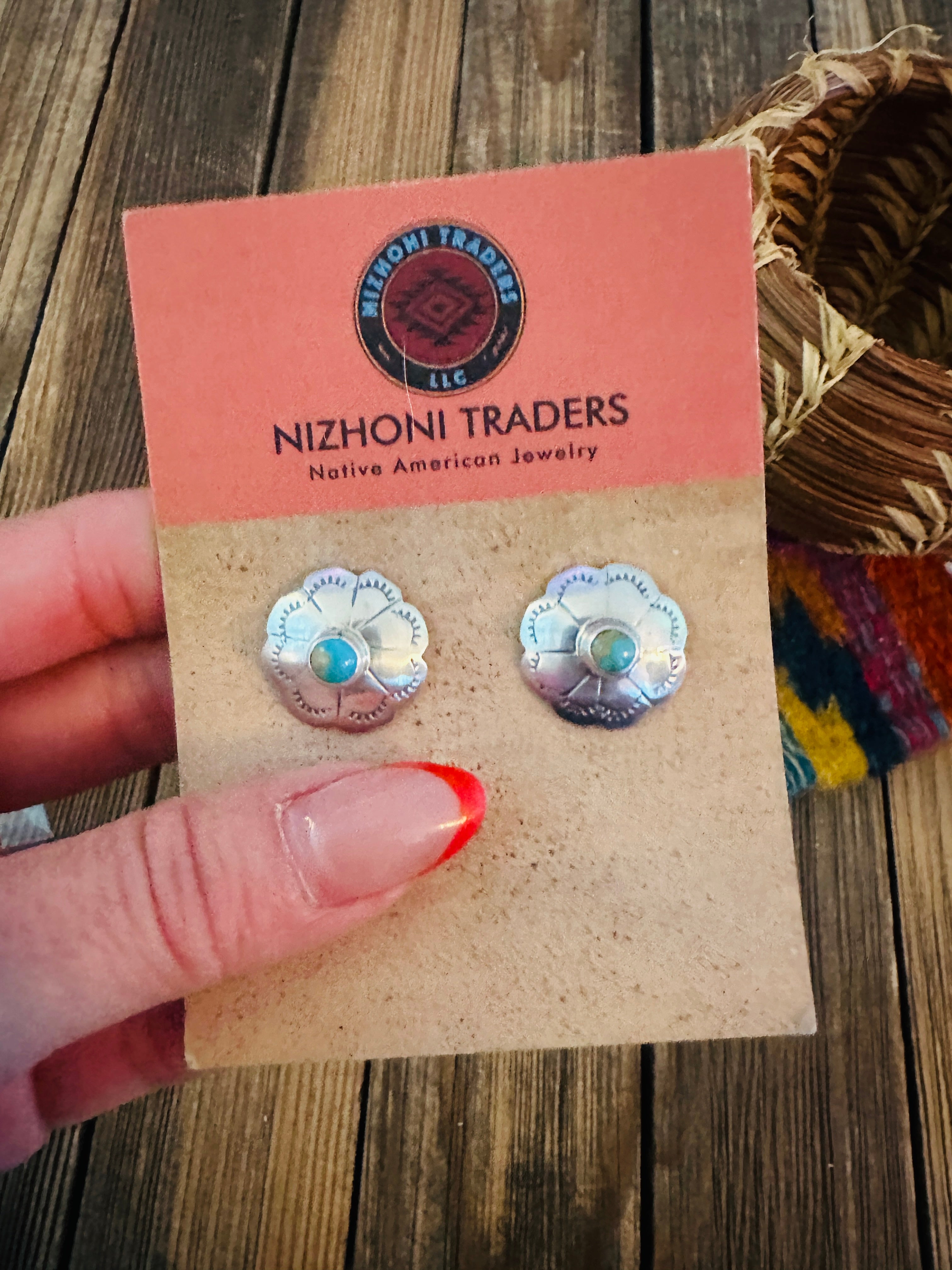 Handcrafted Sterling Silver & Turquoise Flower Concho Stud Earrings