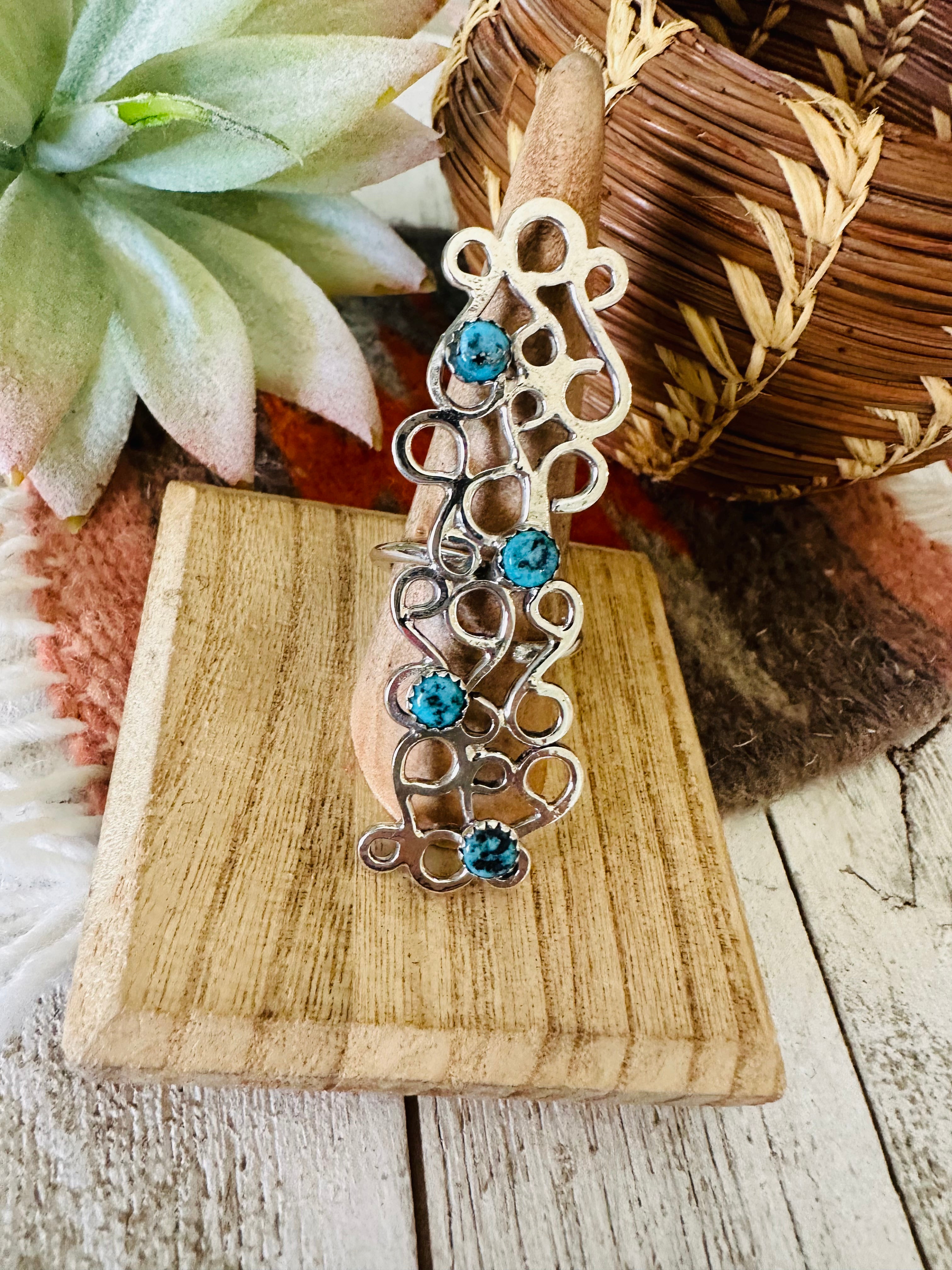 Navajo Sterling Silver & Turquoise Adjustable Abstract Ring