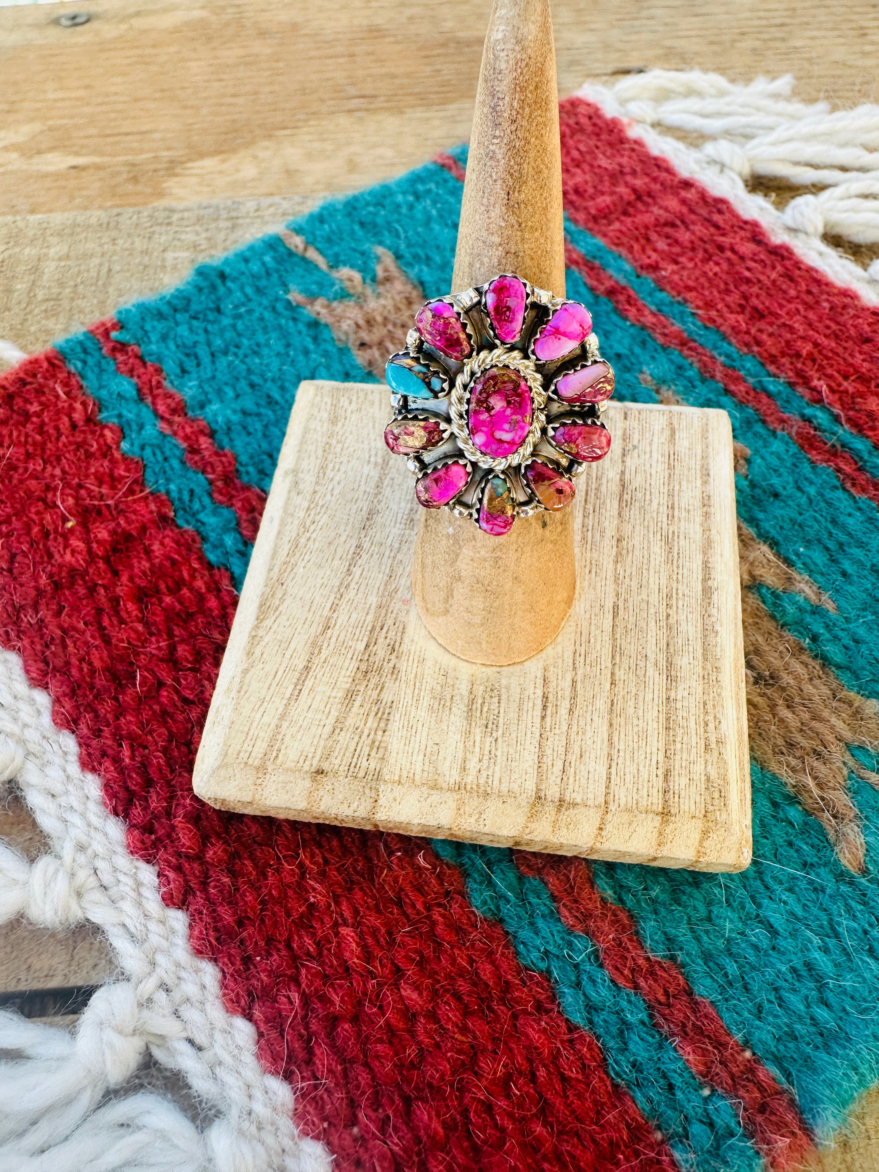 Navajo Pink Dream  & Sterling Silver Cluster Adjustable Ring