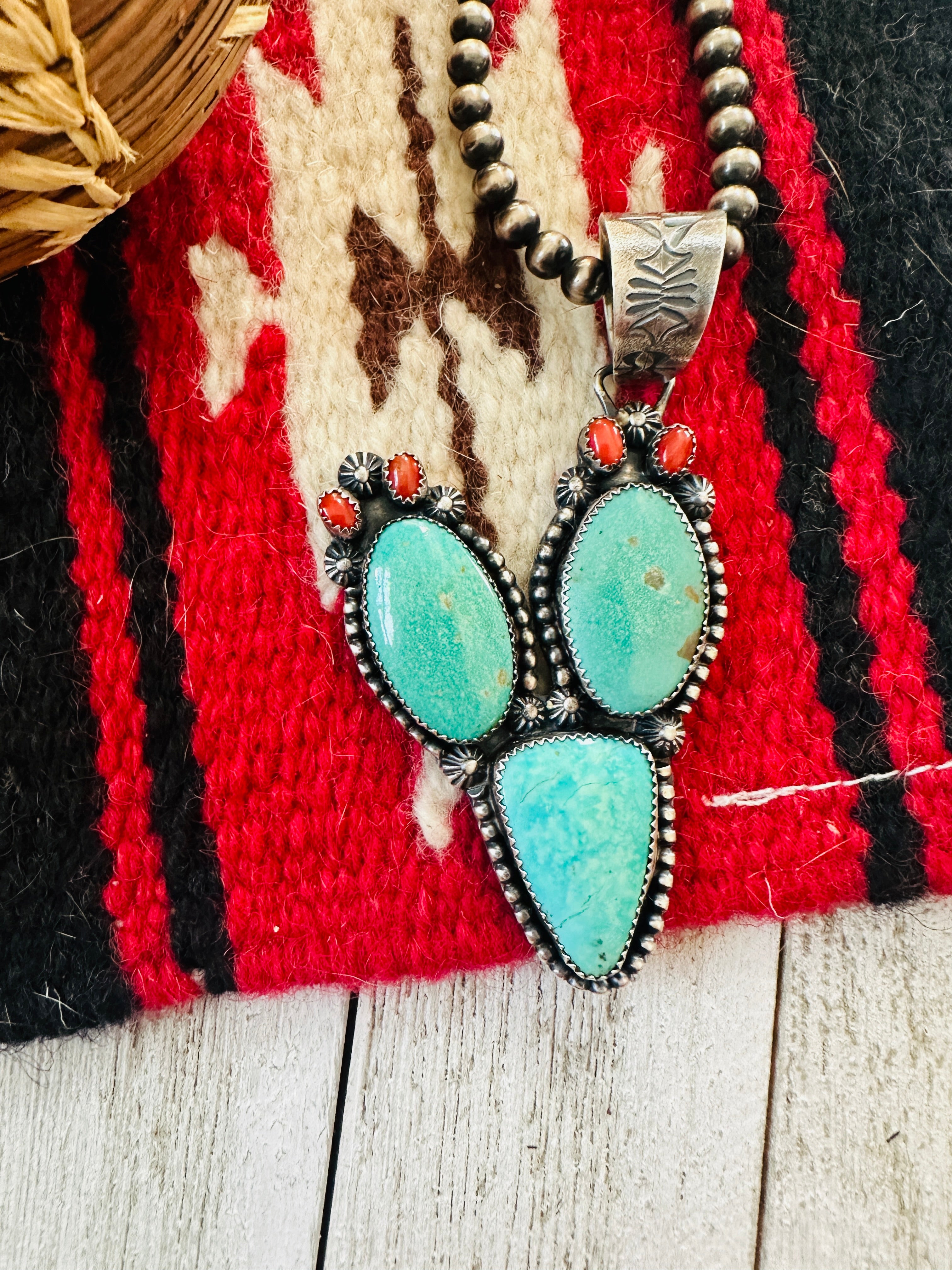 Navajo Turquoise, Coral and Sterling Silver Cactus Pendant