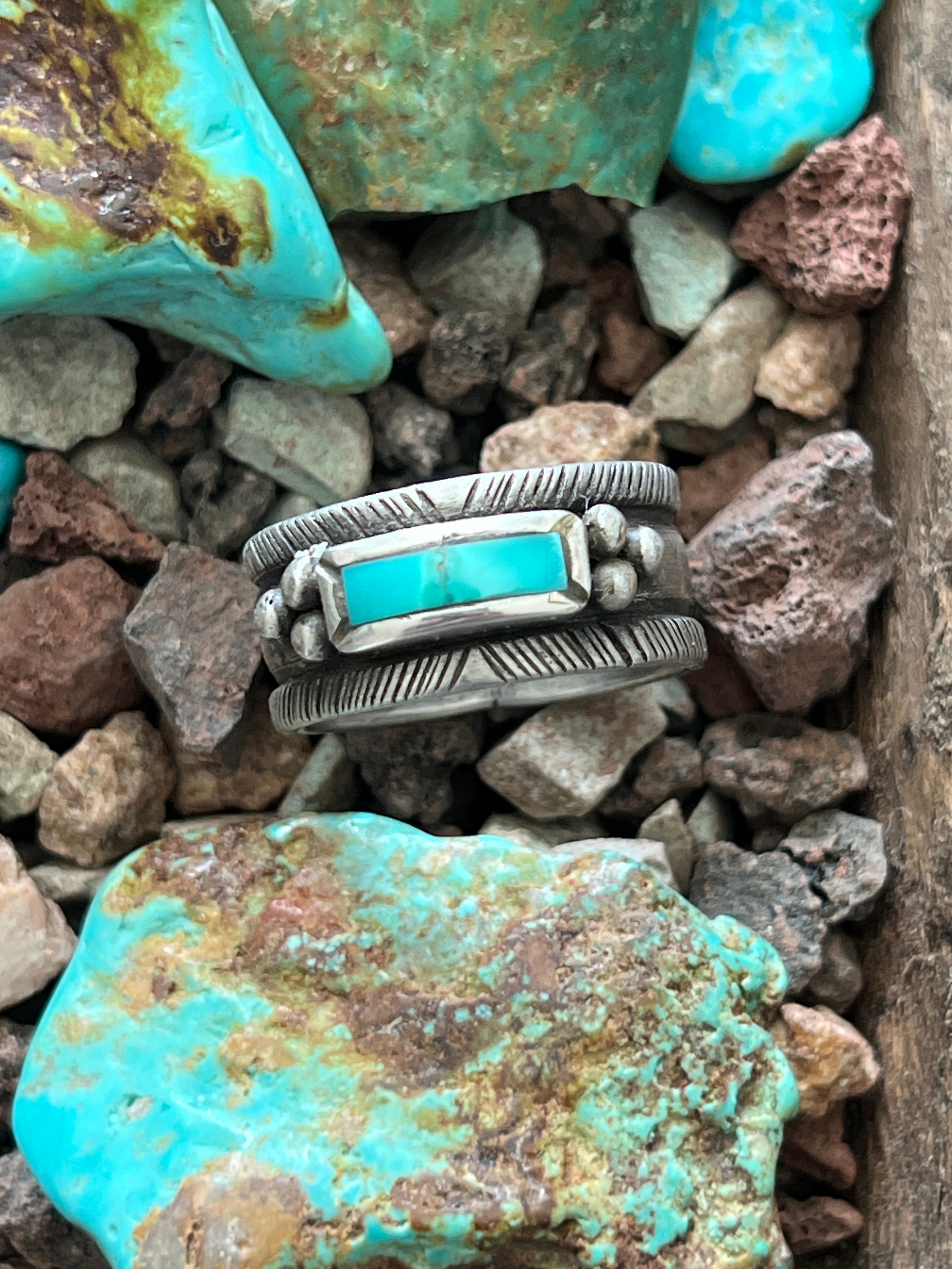 Falcon Trading Company Ingot Sterling Silver and Fox Turquoise Inlay Ring by Joe O’Neill, Size 10