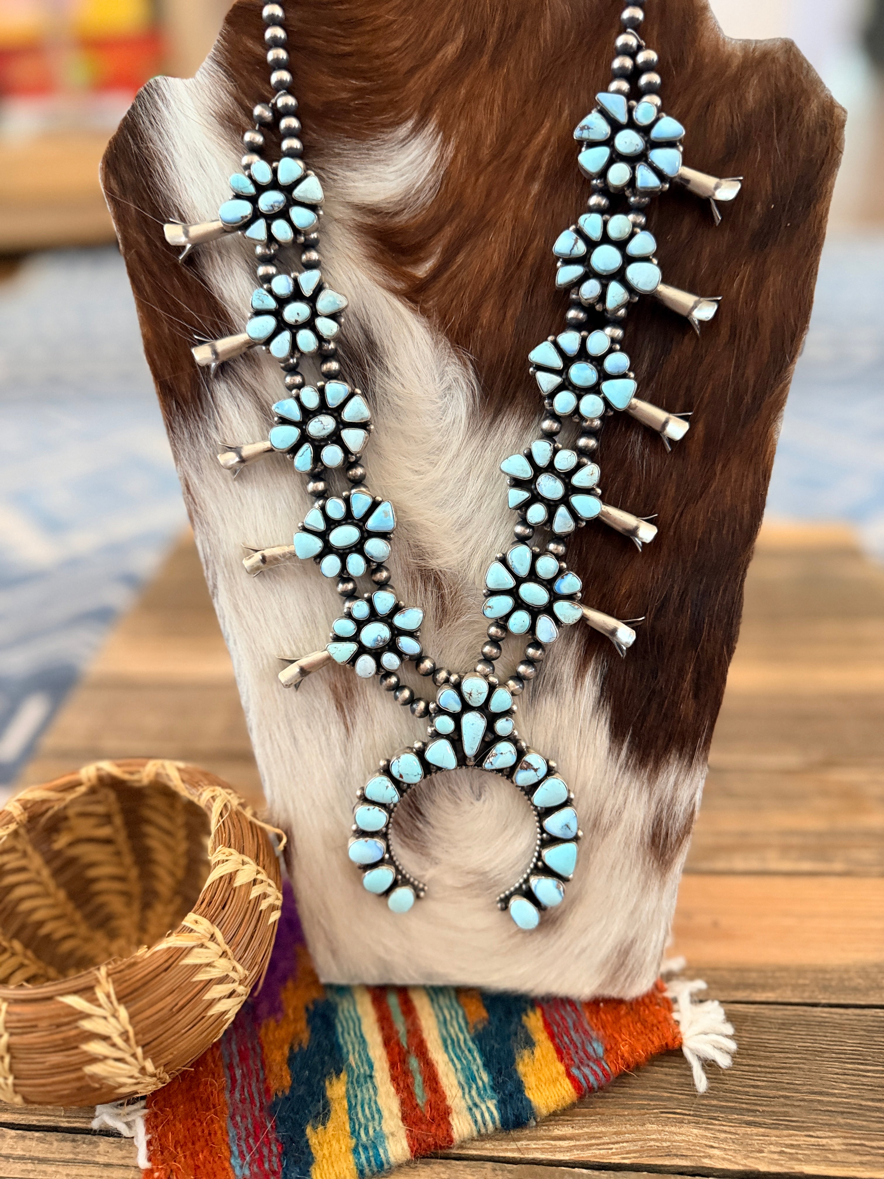Handcrafted Golden Hills Turquoise & Sterling Silver Beaded Squash Blo