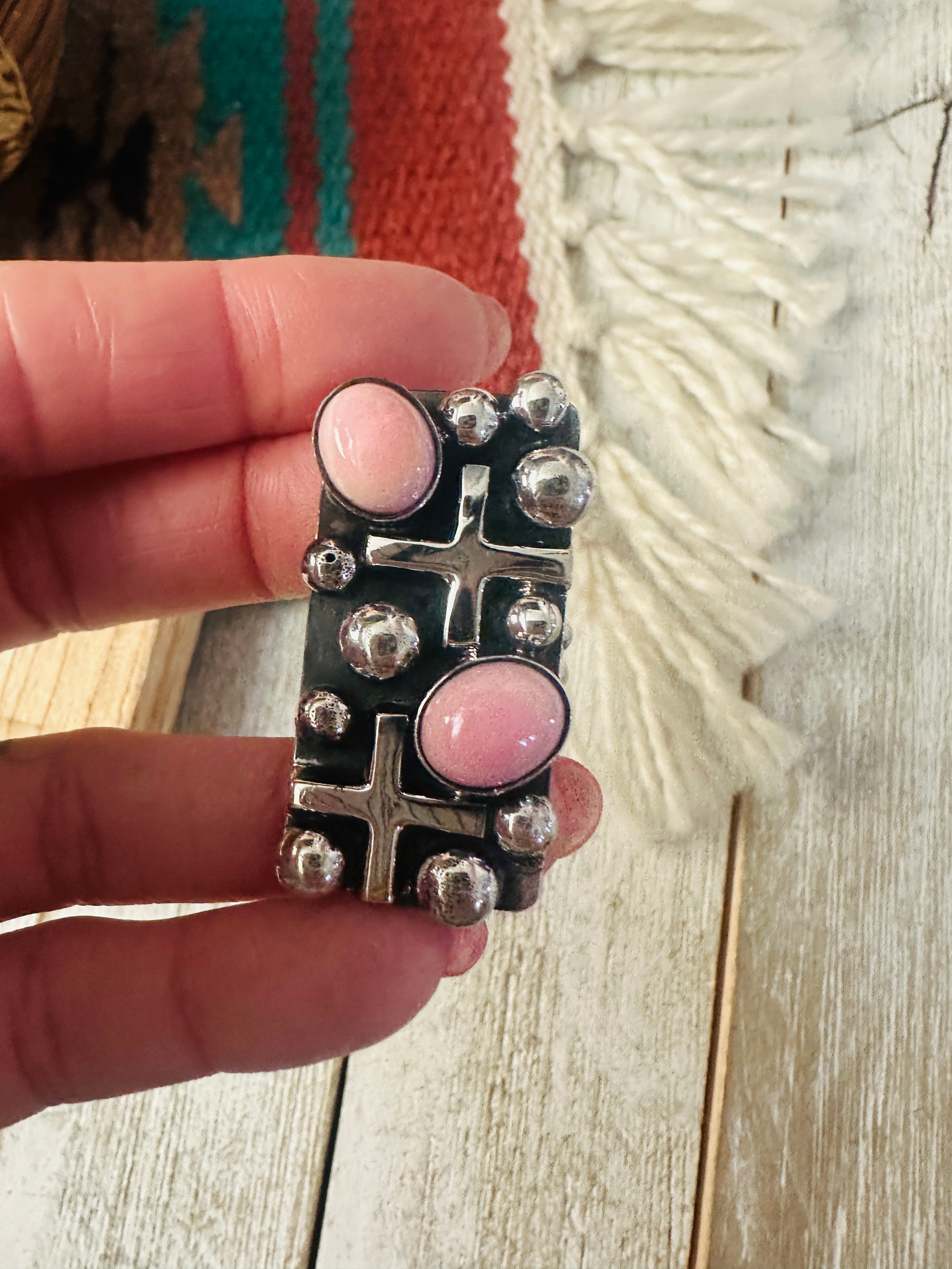 Navajo Queen Pink Conch & Sterling Silver Cross Ring Size 8 by Chimney Butte