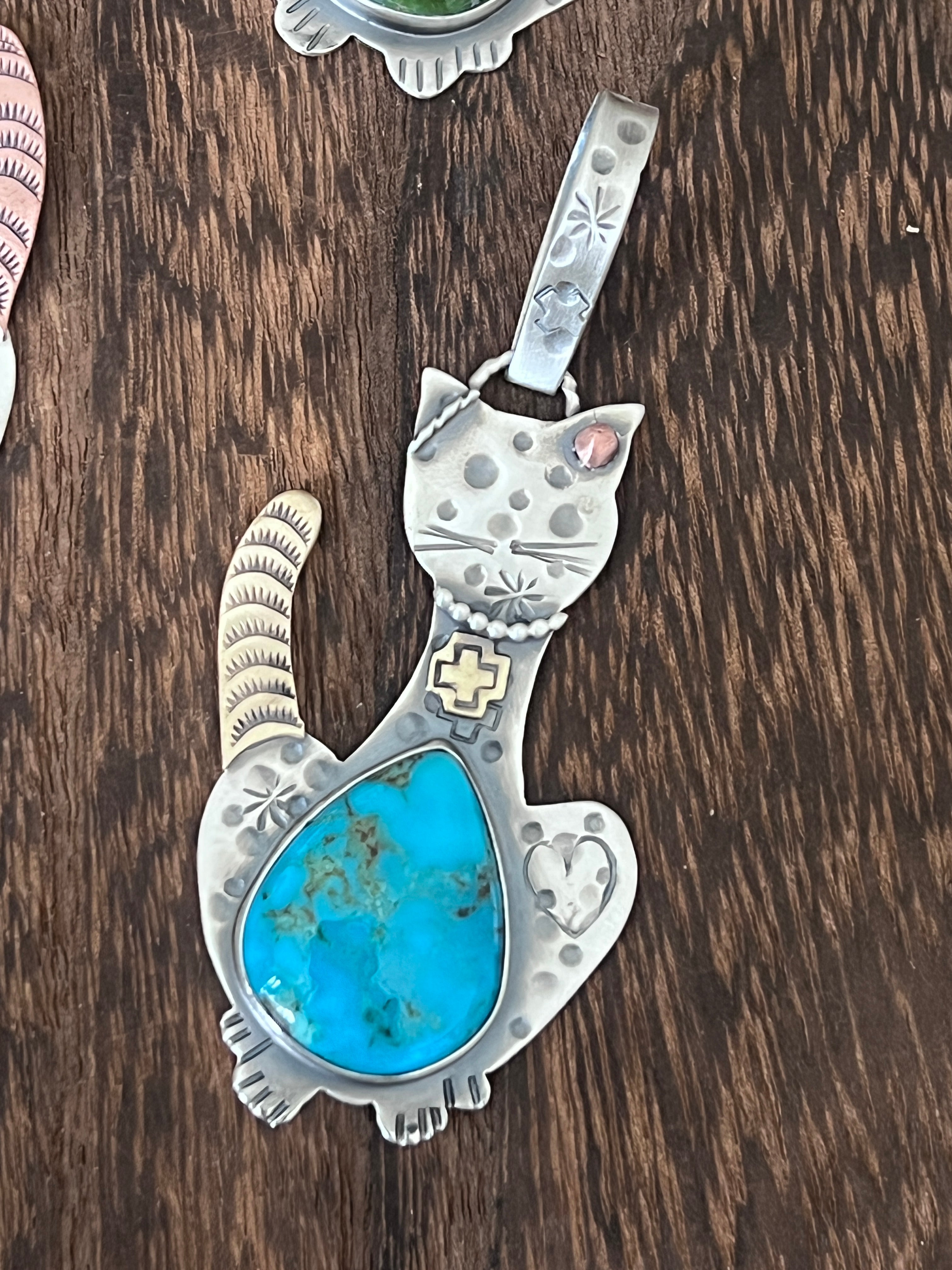 The Kimi-Cats: Hand Stamped and Layered Sterling Silver, Brass, Copper, Turquoise & Spiny Oyster Cat Pendants by Kimari Somers