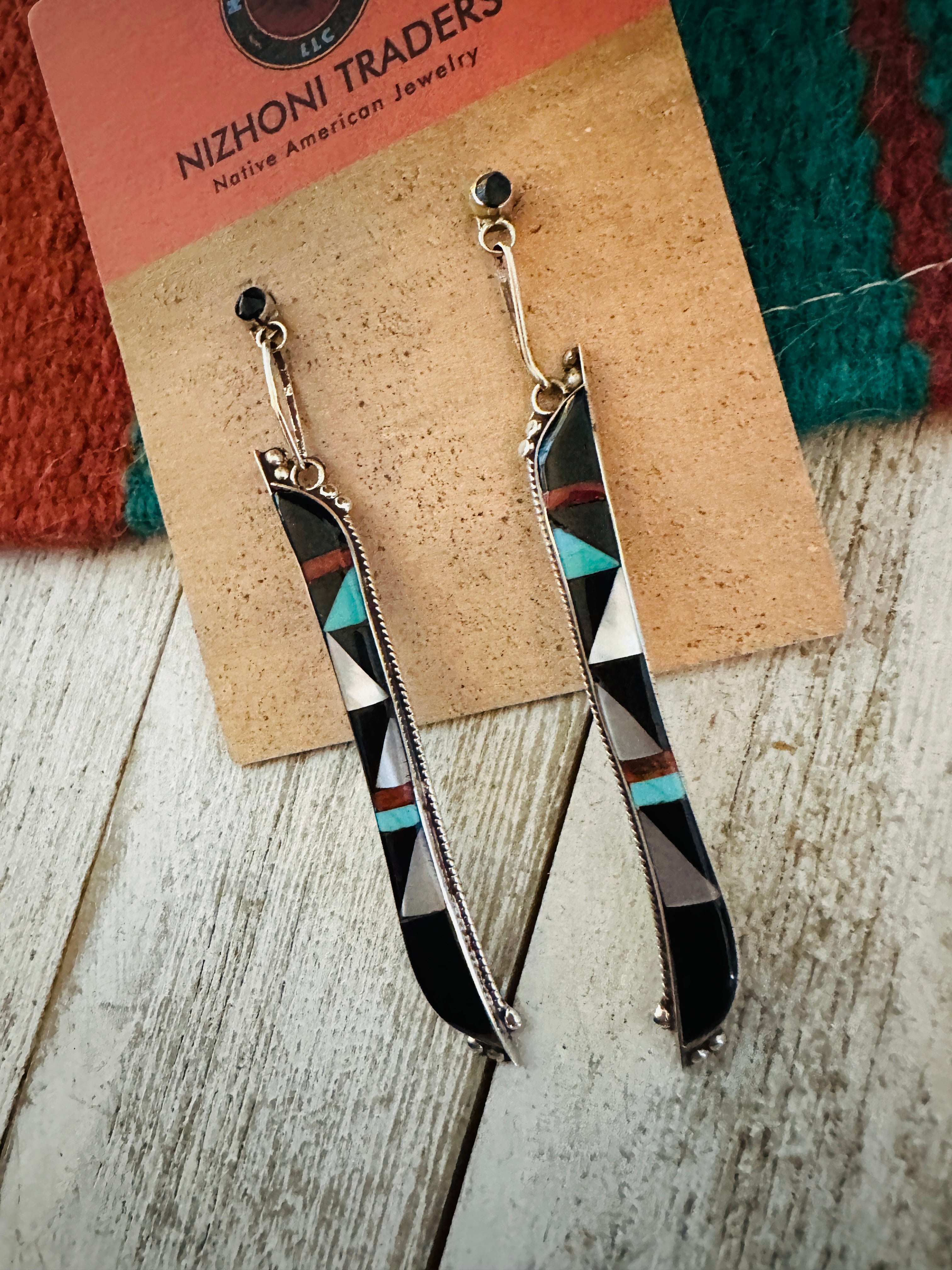 Zuni Multi Stone & Sterling Silver Inlay Dangle Earrings