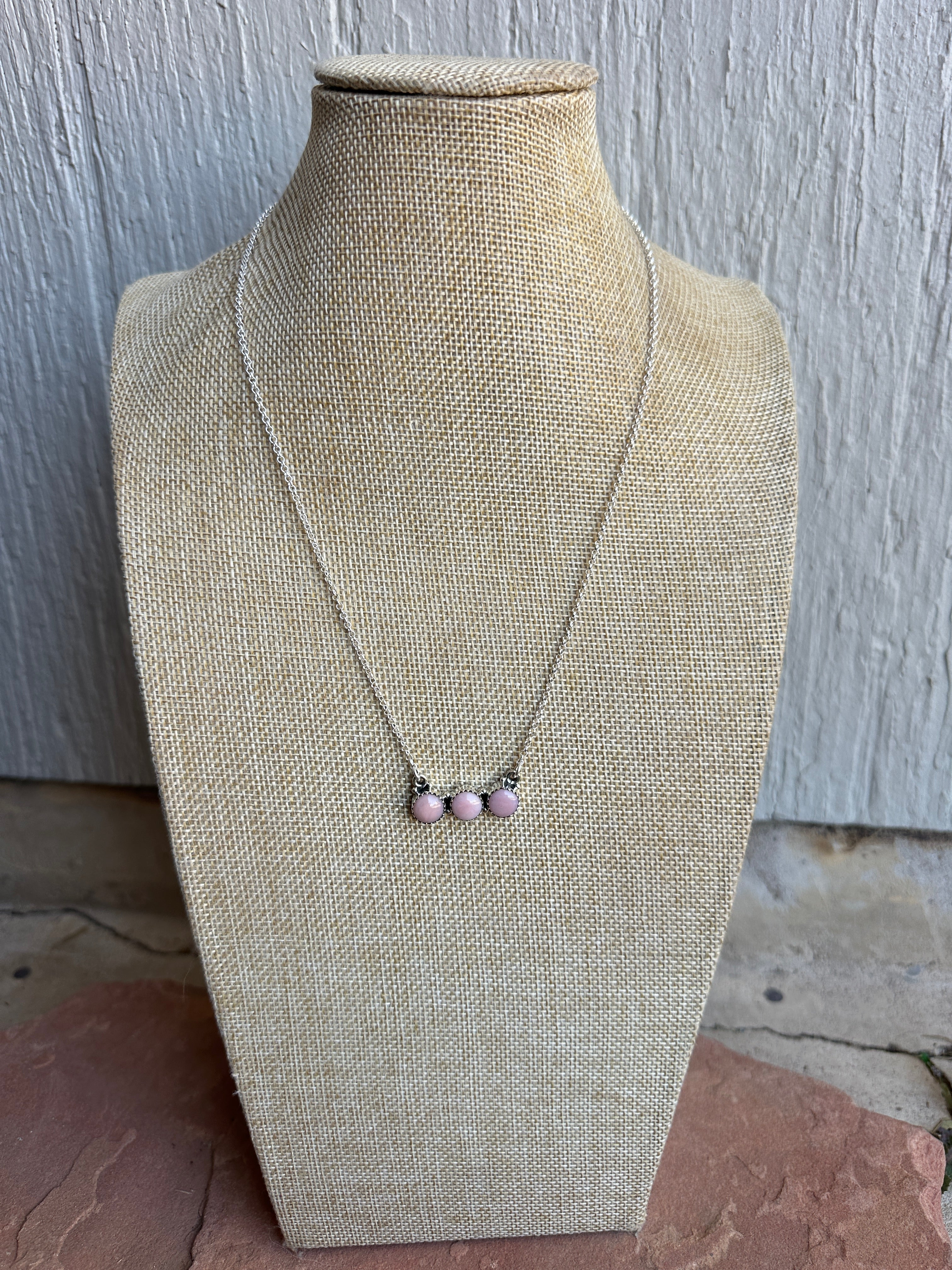 Handmade Sterling Silver & Pink Conch 3 Stone Bar Necklace