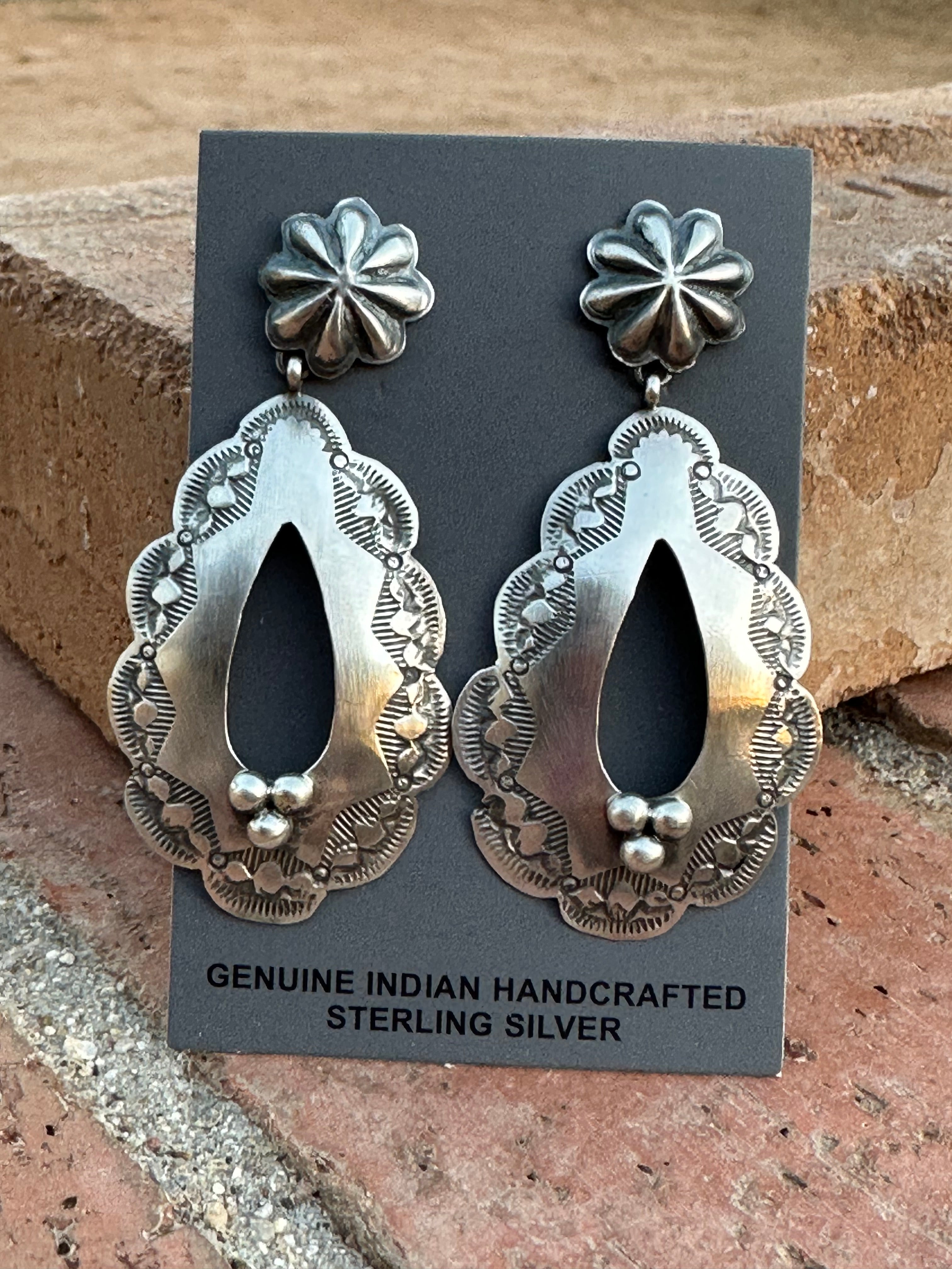 Rita Lee Navajo Hand Stamped Sterling Silver Concho Dangle Earrings