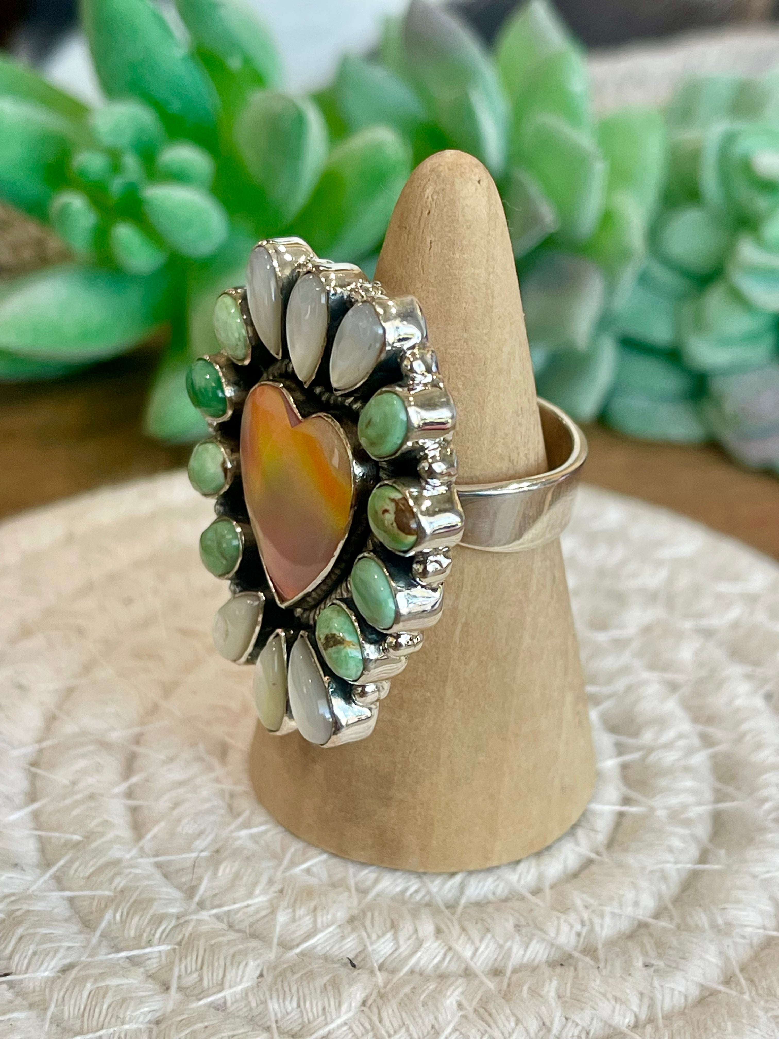 Handmade Opal, Mother Of Pearl, Turquoise And Sterling Silver Adjustable Ring Signed Nizhoni