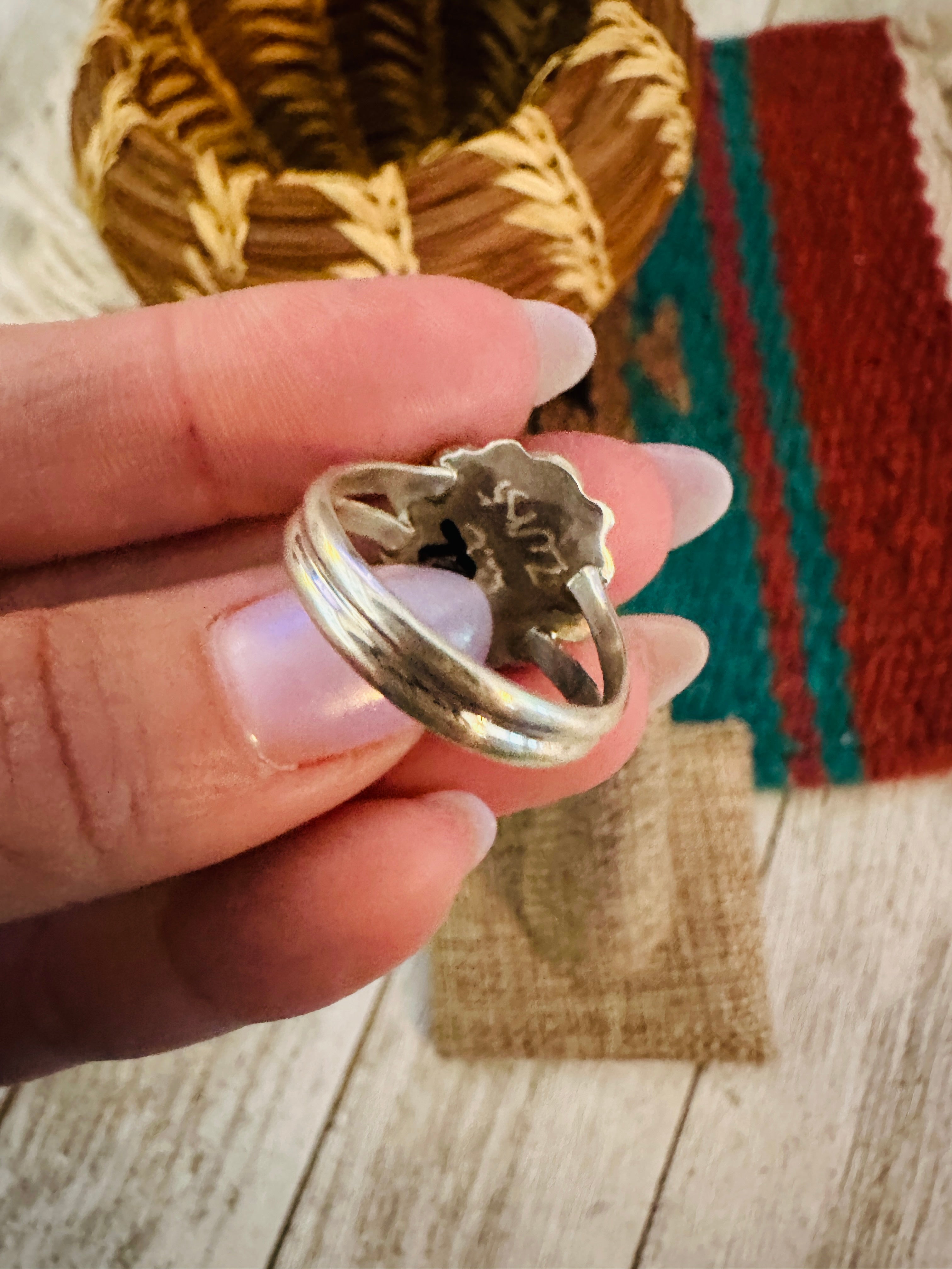 Hand Crafted Mother of Pearl, Coral & Sterling Silver Inlay Flower Ring Size 8.5