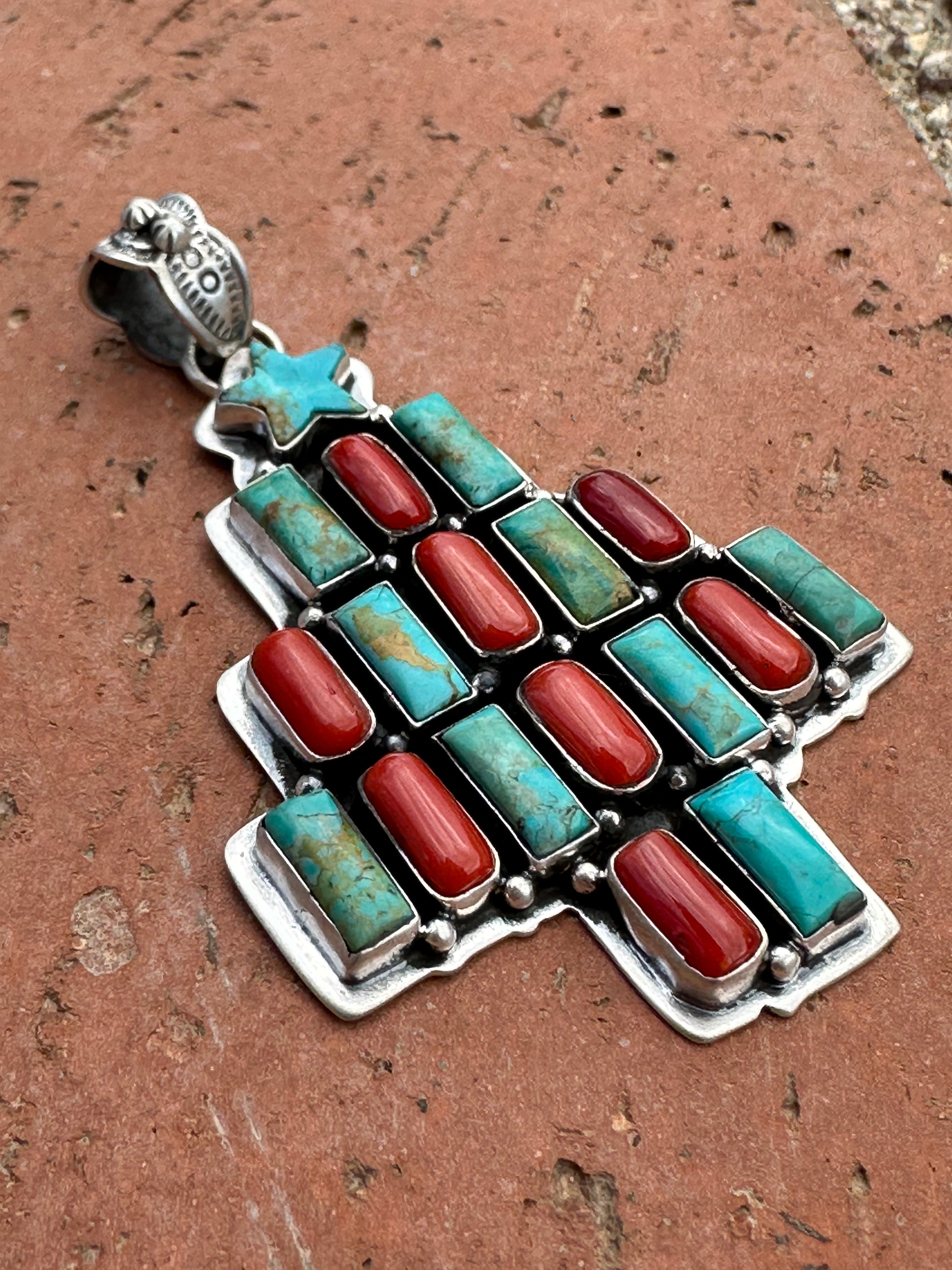 Handmade Sterling Silver, Coral & Turquoise Christmas Tree Pendant