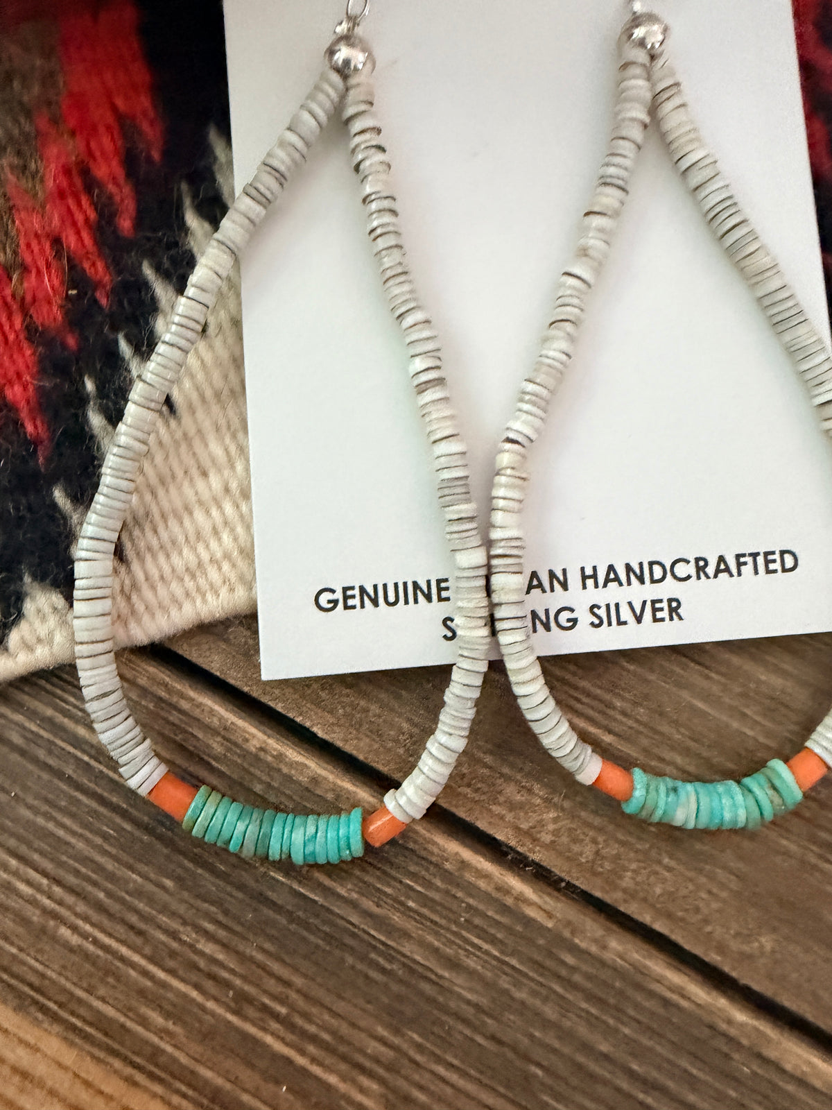Handcrafted Heishi Shell, Turquoise & Spiny Beaded Dangle Hoop Earrings