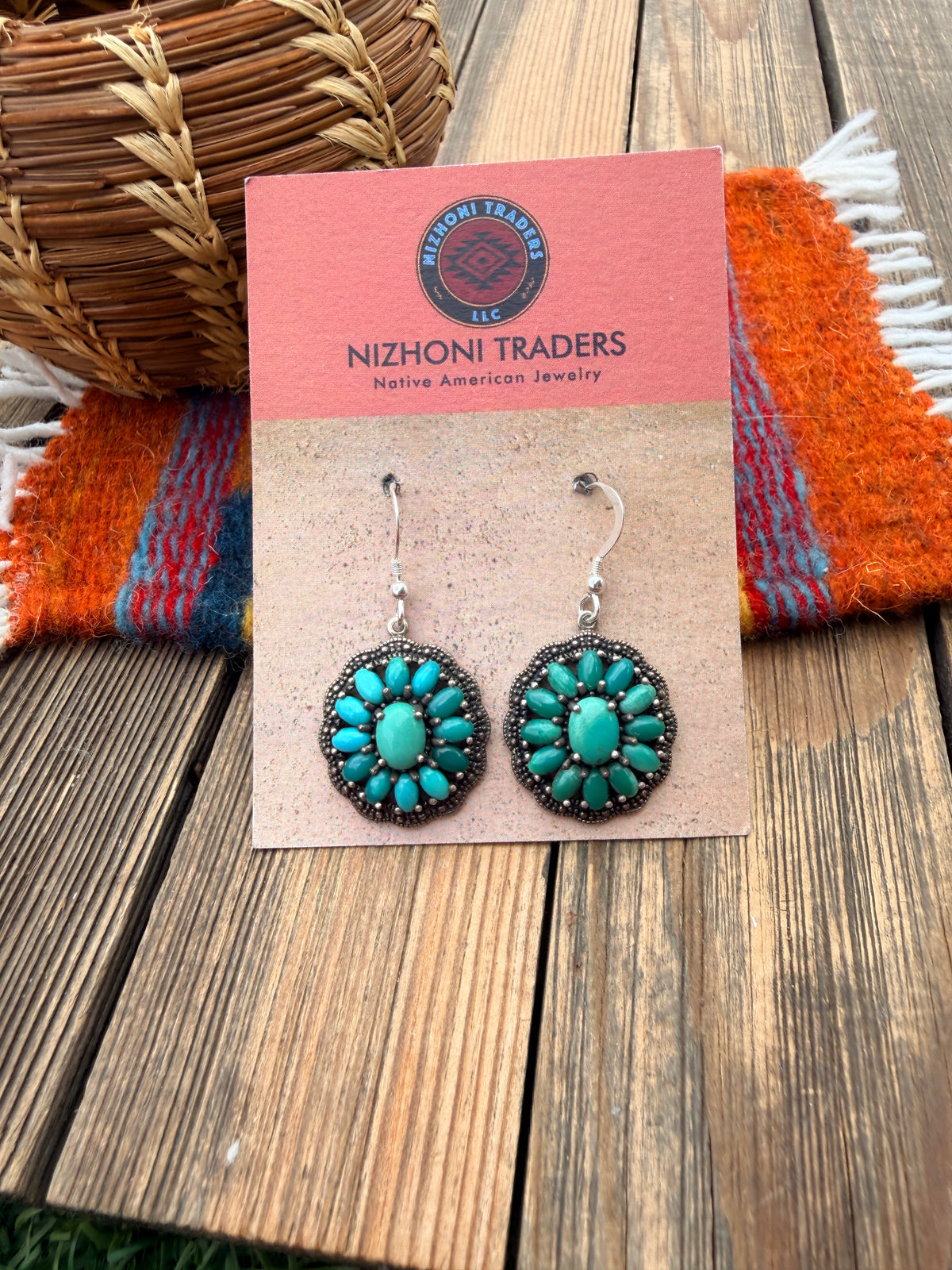 Old Pawn Handmade Sterling Silver & Turquoise Cluster Dangle Earrings